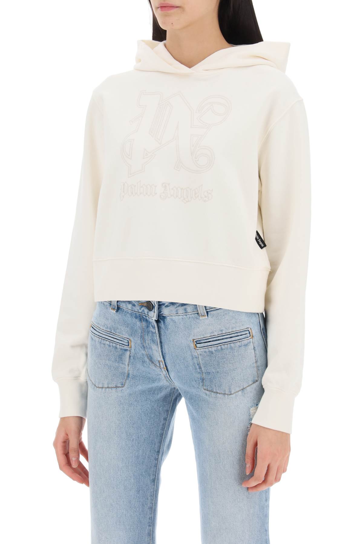 Palm Angels Cropped Hoodie With Monogram Embroidery In Off White Off White (white)