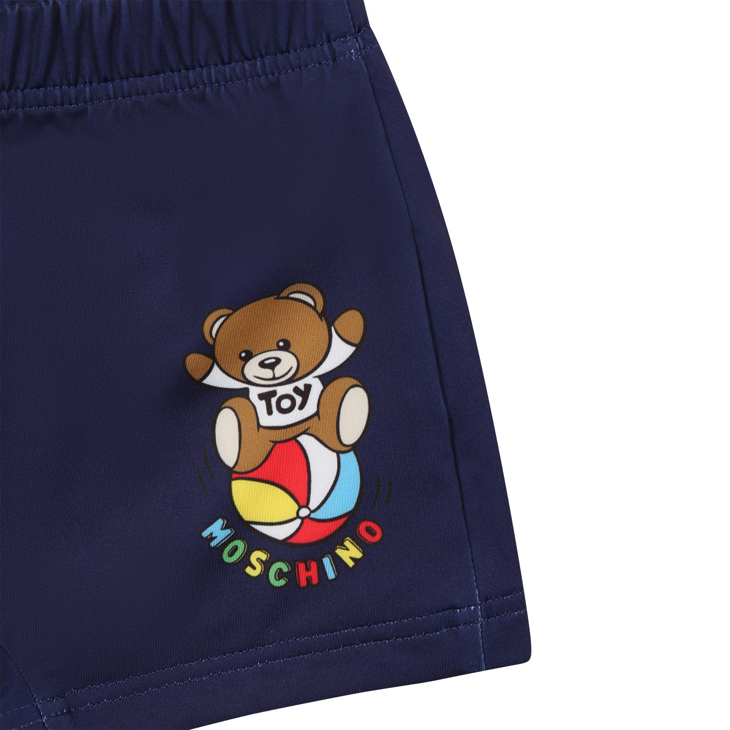 Shop Moschino Blue Swim Shorts For Baby Boy With Teddy Bear And Multicolor Logo