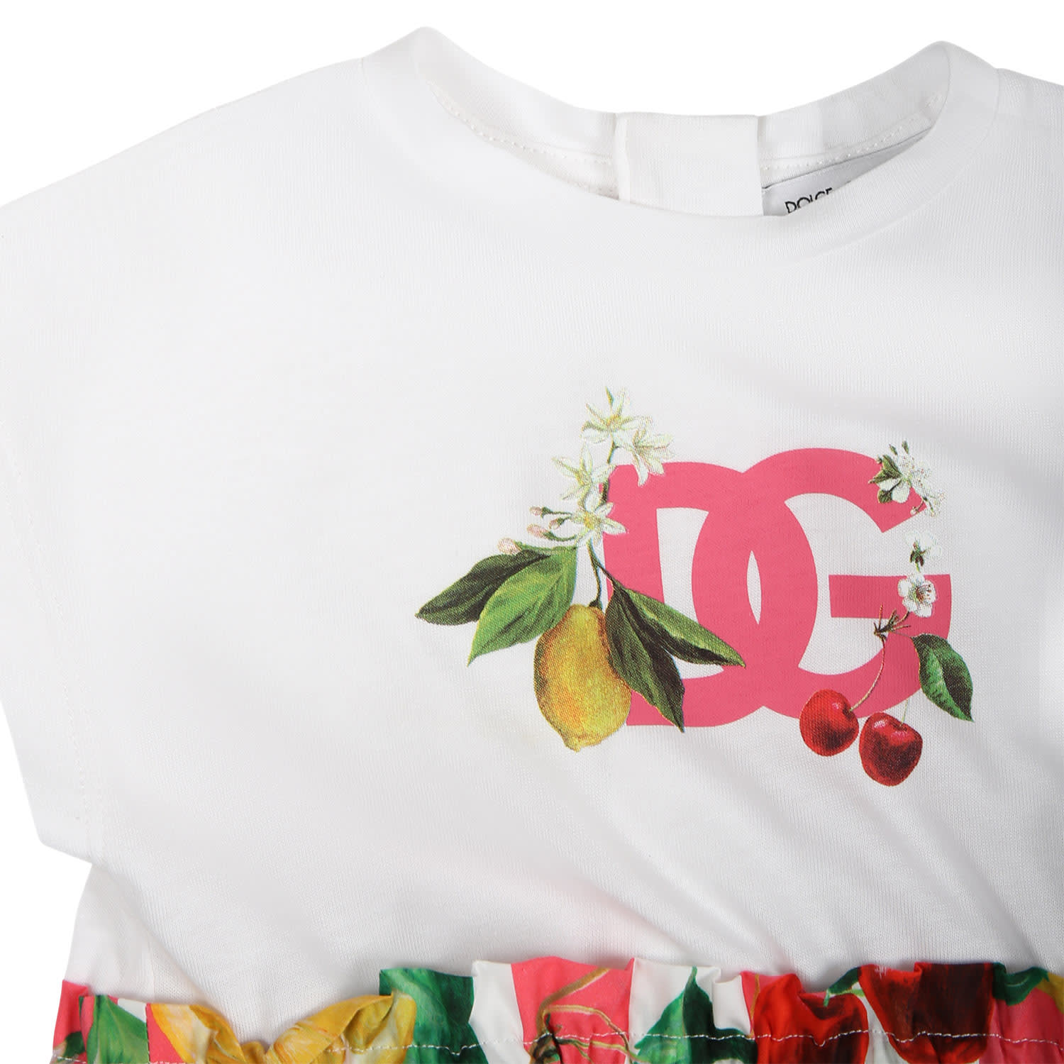 Shop Dolce & Gabbana White Dress For Baby Girl With All-over Multicolor Fruits And Flowers