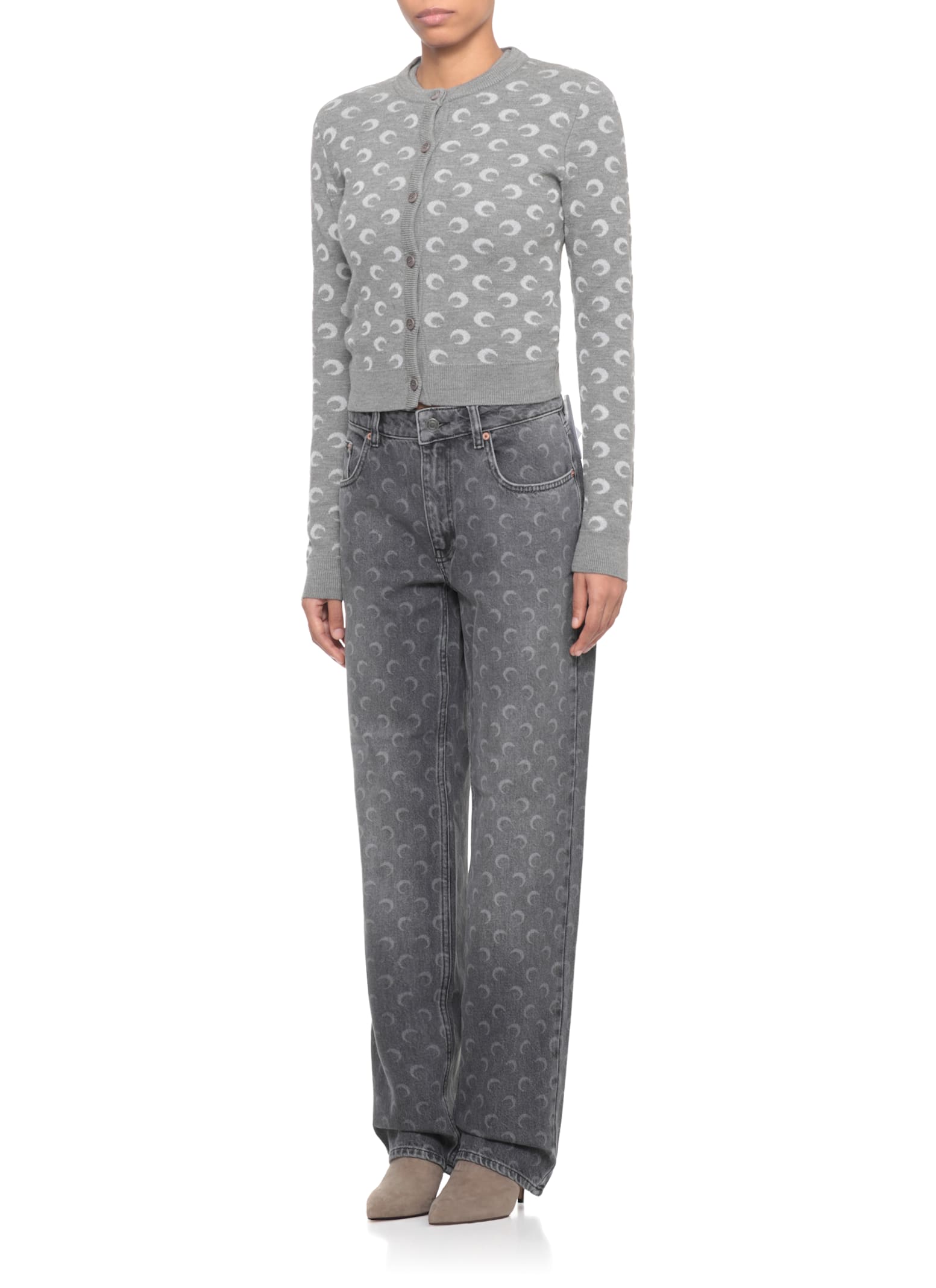 Marine Serre Crescent Moon Pattern Knit Cardigan In Gray