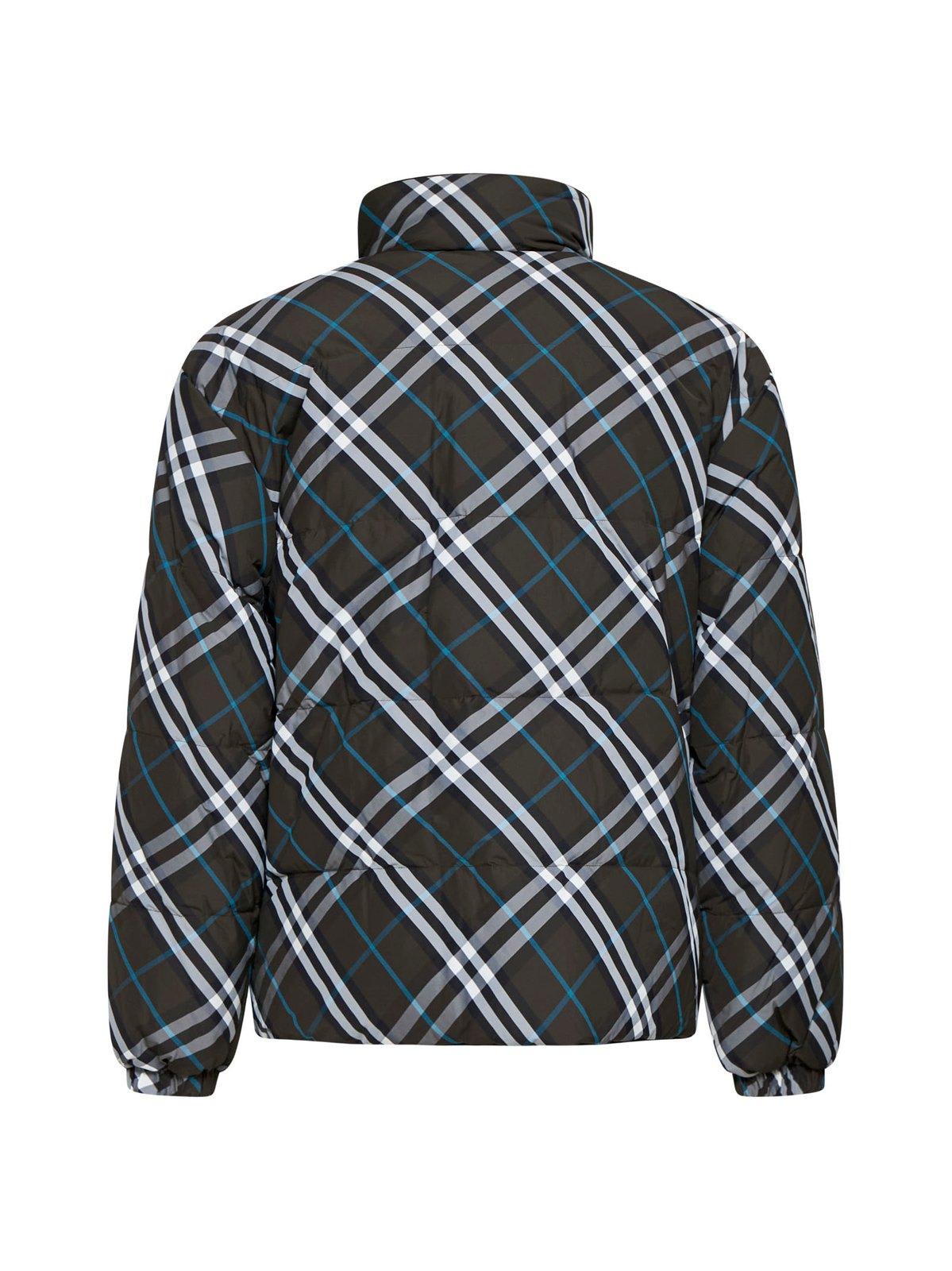 Shop Burberry High-neck Zip-up Checked Jacket In Brown/black