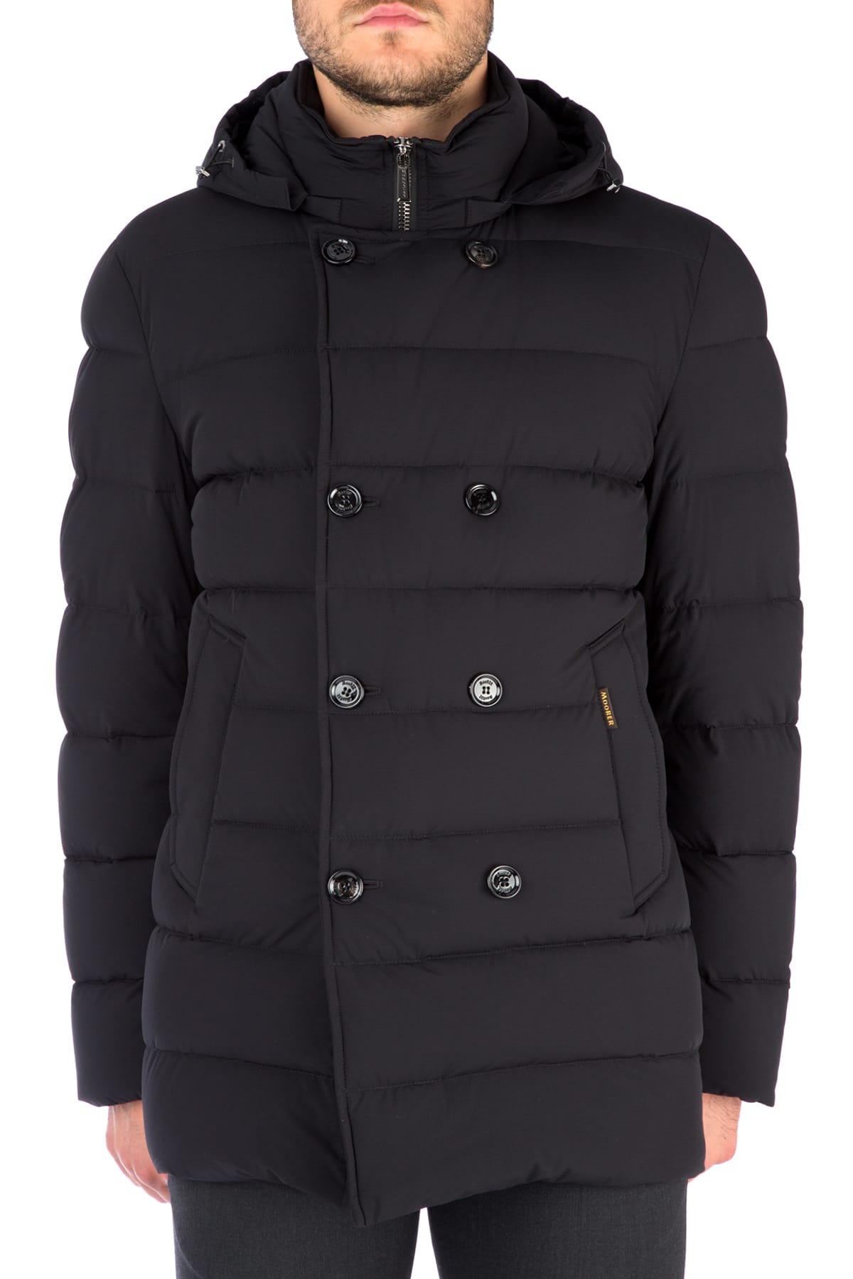 Moorer Double-breasted Hooded Quilted Down Jacket In Nero
