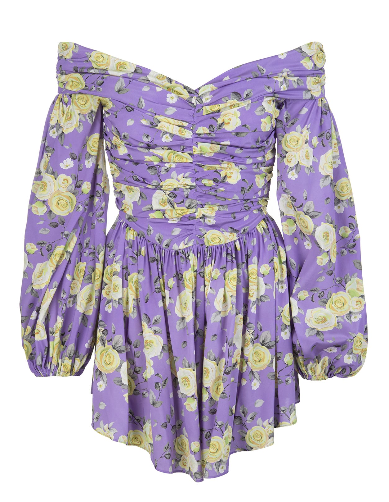 GIUSEPPE DI MORABITO SHORT ASYMMETRICAL LILAC FLORAL DRESS WITH OFF SHOULDERS,179DR-127 ST12-24