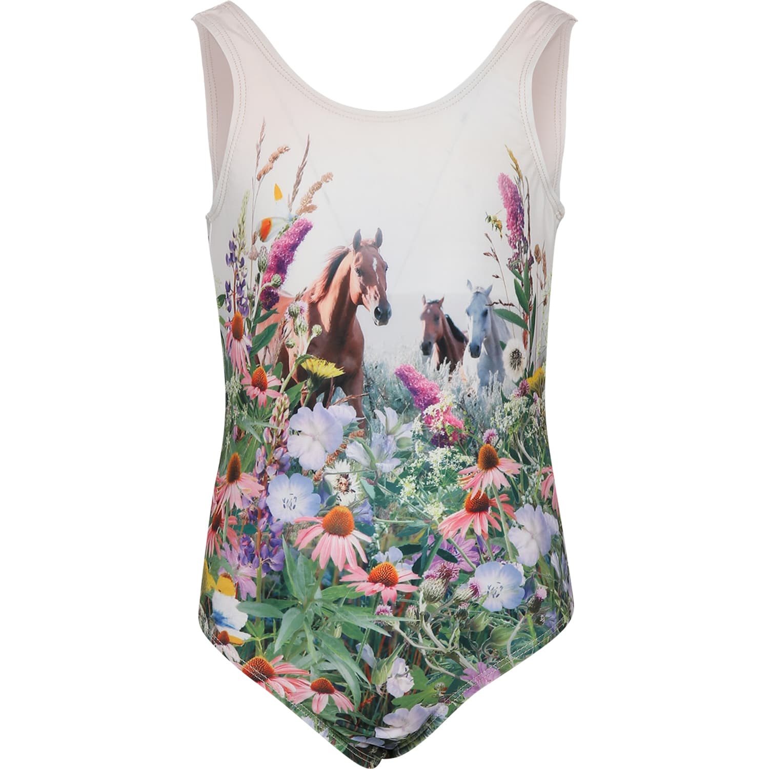 Shop Molo Ivory Swimsuit For Girl With Horses And Flowers Print