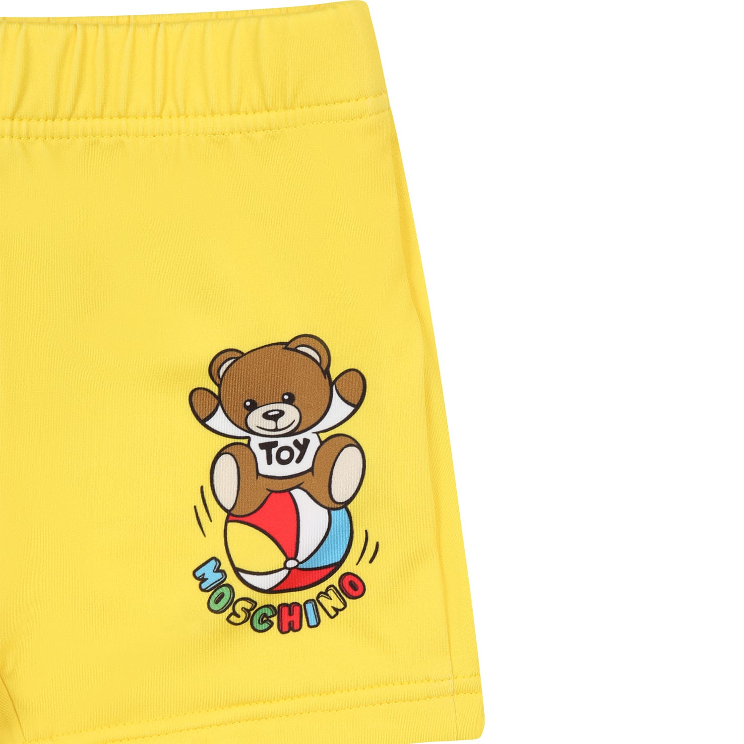 Shop Moschino Yellow Swimsuit For Baby Boy With Teddy Bear And Multicolor Logo