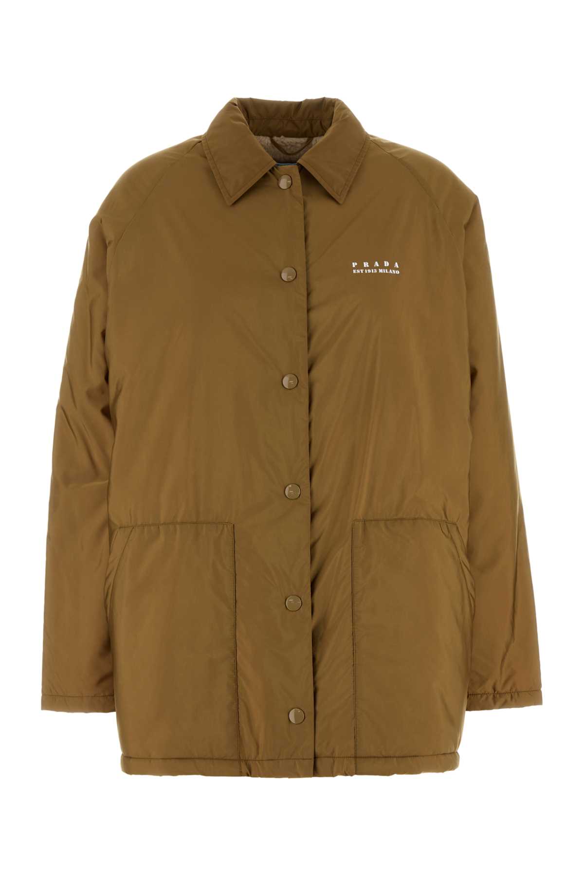 Prada Re-nylon Jacket Collared Neck In Brown