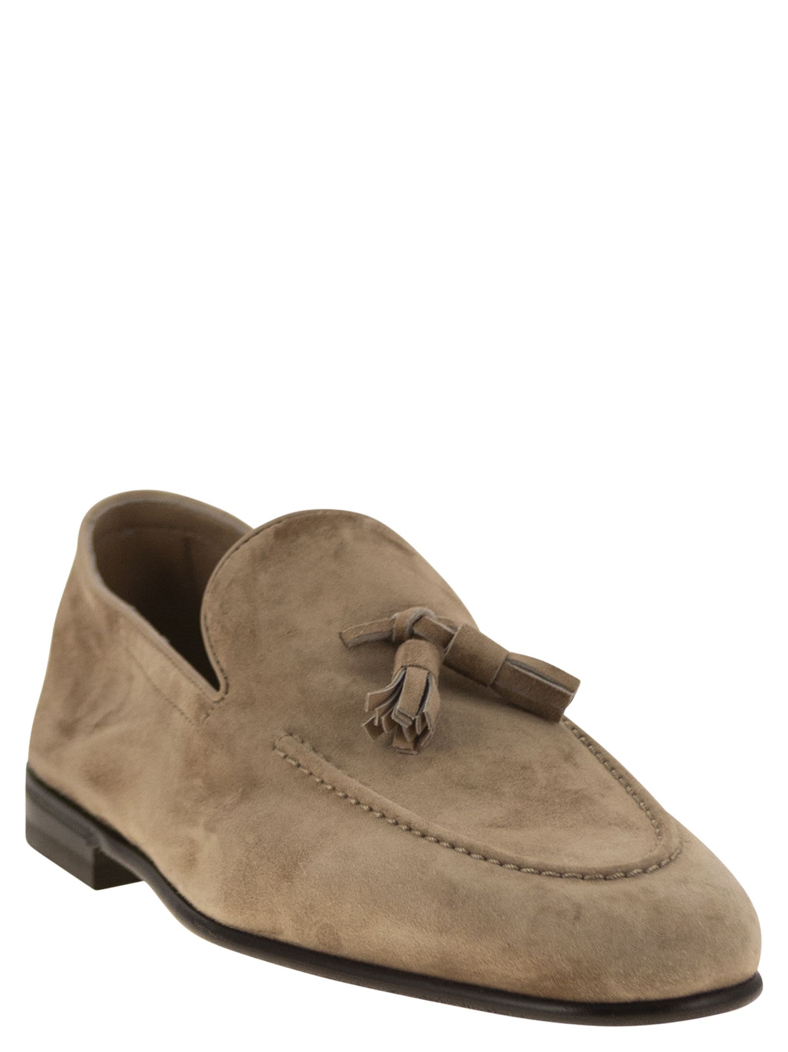 Brunello Cucinelli Men Suede Moccasins With Tassels In Beige