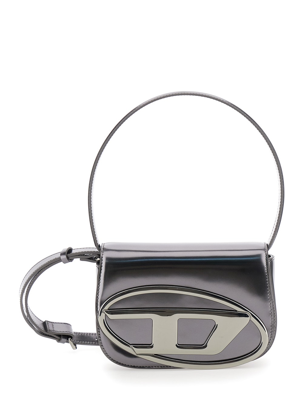 Diesel 1dr Silver-tone Shoulder Bag With Oval D Patch In Lamintaed Leather Woman In Gray