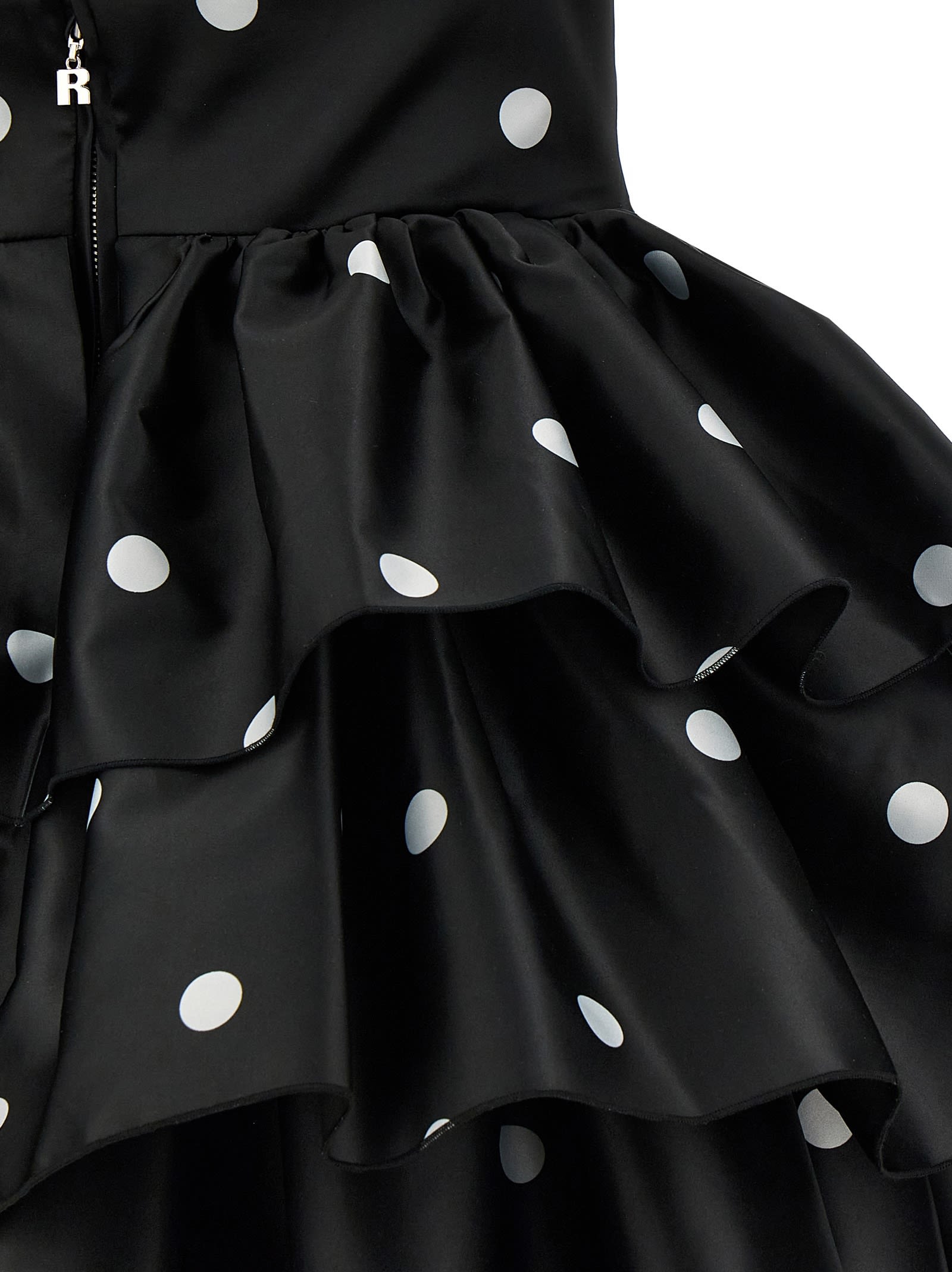 Rotate Birger Christensen Satin Ruffle Tiered Polka Dot Dress In Black
