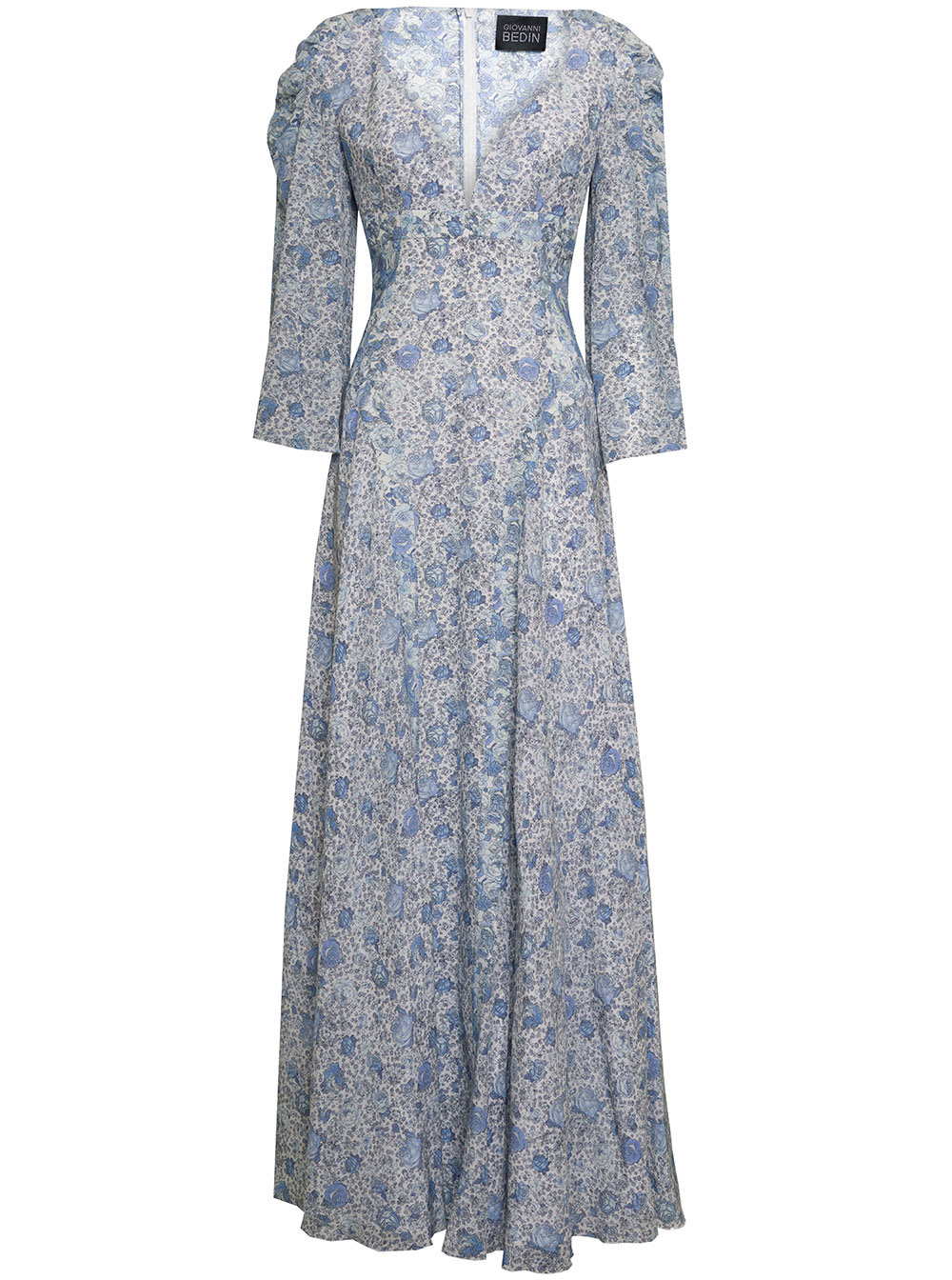 Giovanni Bedin Womans White And Light Blue Floral Silk Long Dress