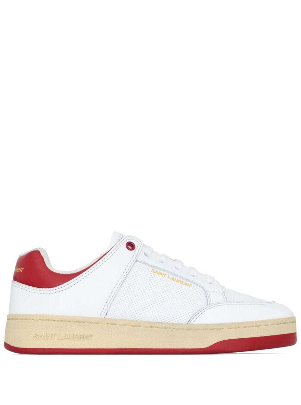 Shop Saint Laurent White And Red Low Top Sneakers With Logo Detail In Leather Man