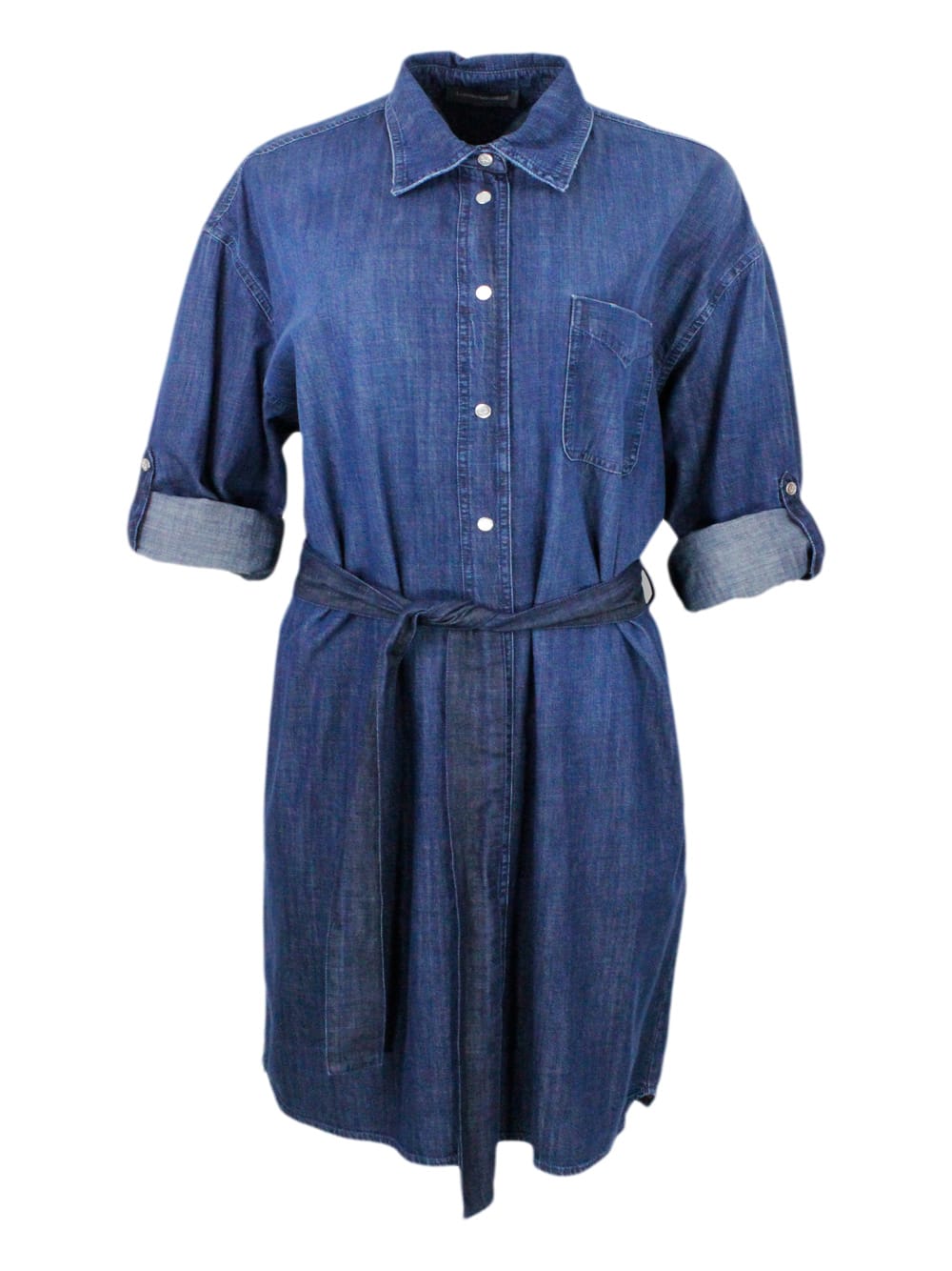 Shirt Dress In Light Chambray Denim Cotton With Long Sleeves With Button Closure And Belt At The Waist