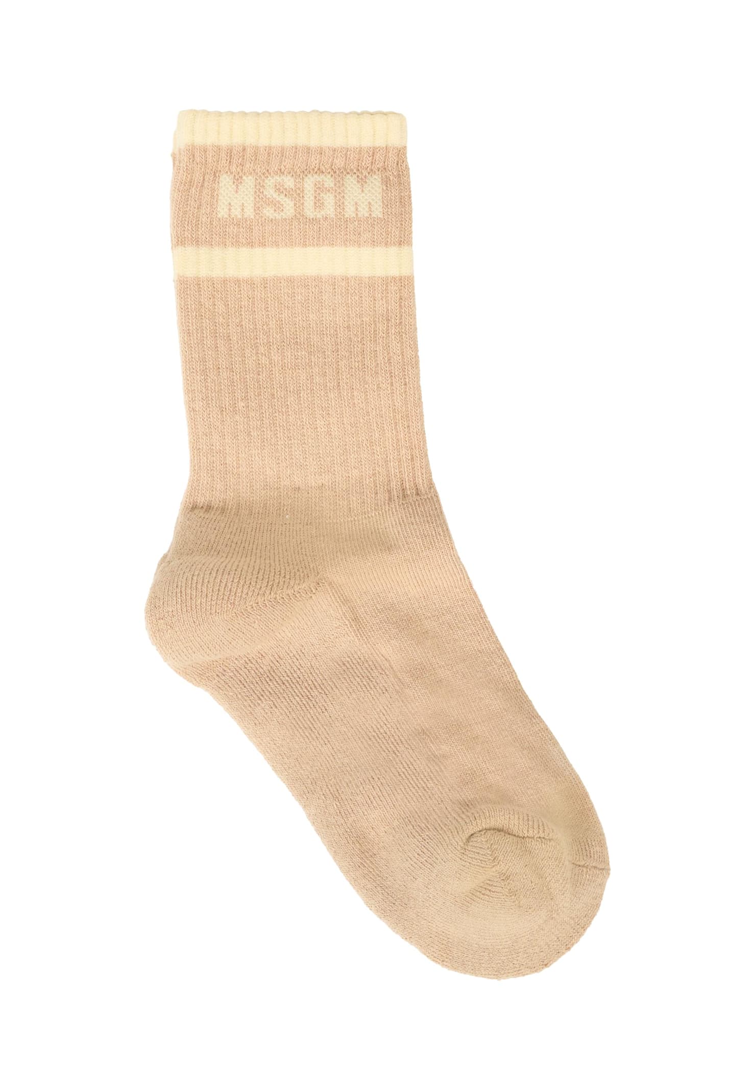 Msgm Beige Socks For Kids With Ivory Logo In Neutral