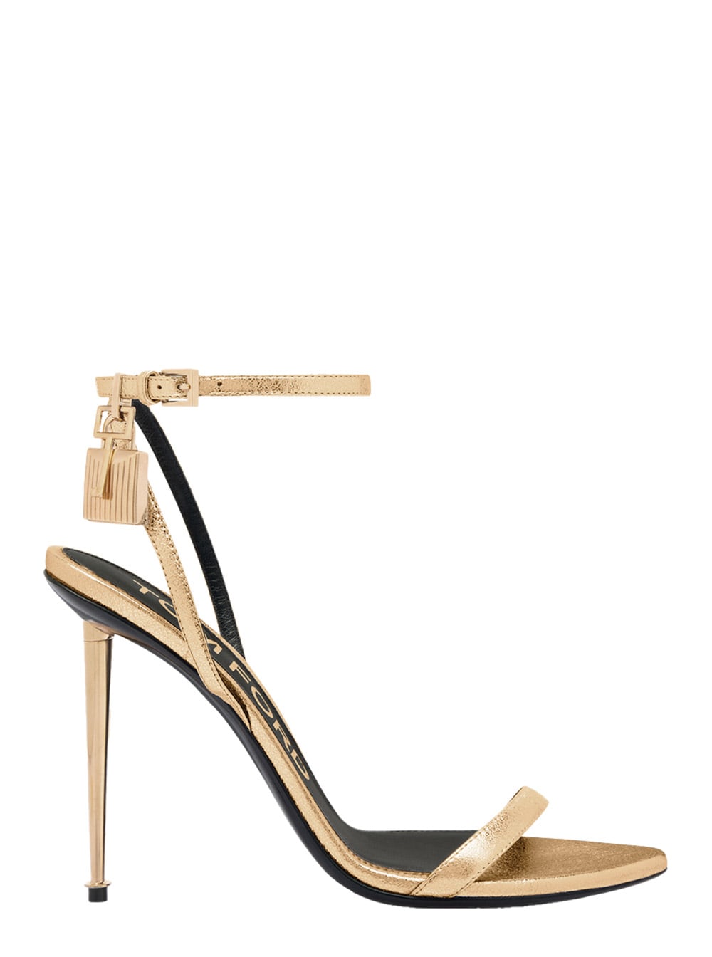 Tom Ford Gold Colored Pumps With High Stiletto Heel And Pendant Detail On The Ankle In Patent Leather Woman
