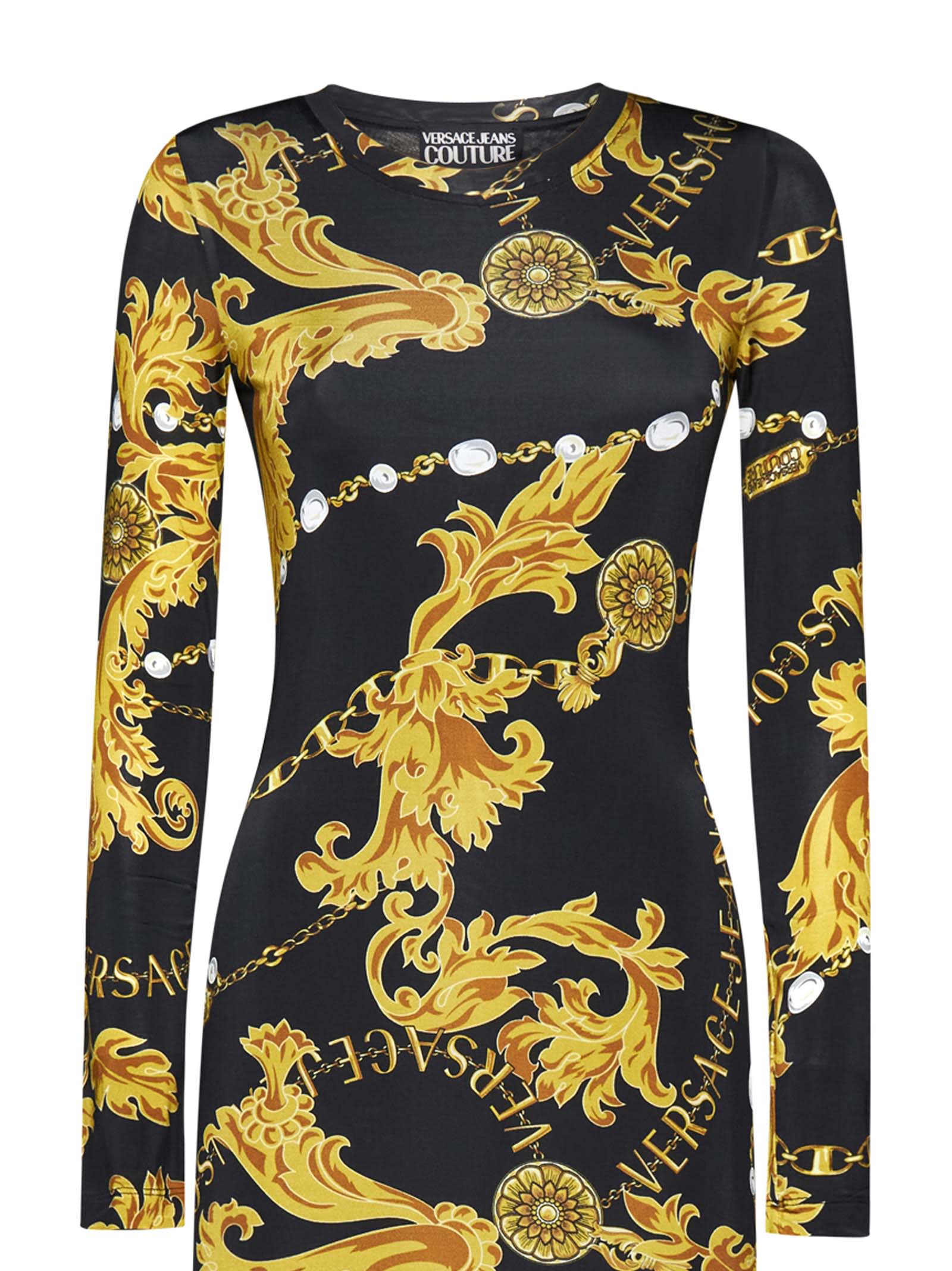 Versace Jeans Couture Baroque-print Midi Dress In Black/gold