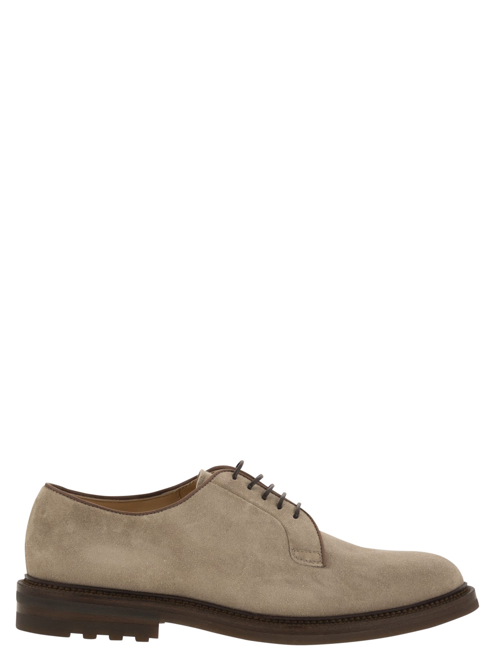 Shop Brunello Cucinelli Suede Derby In Sand