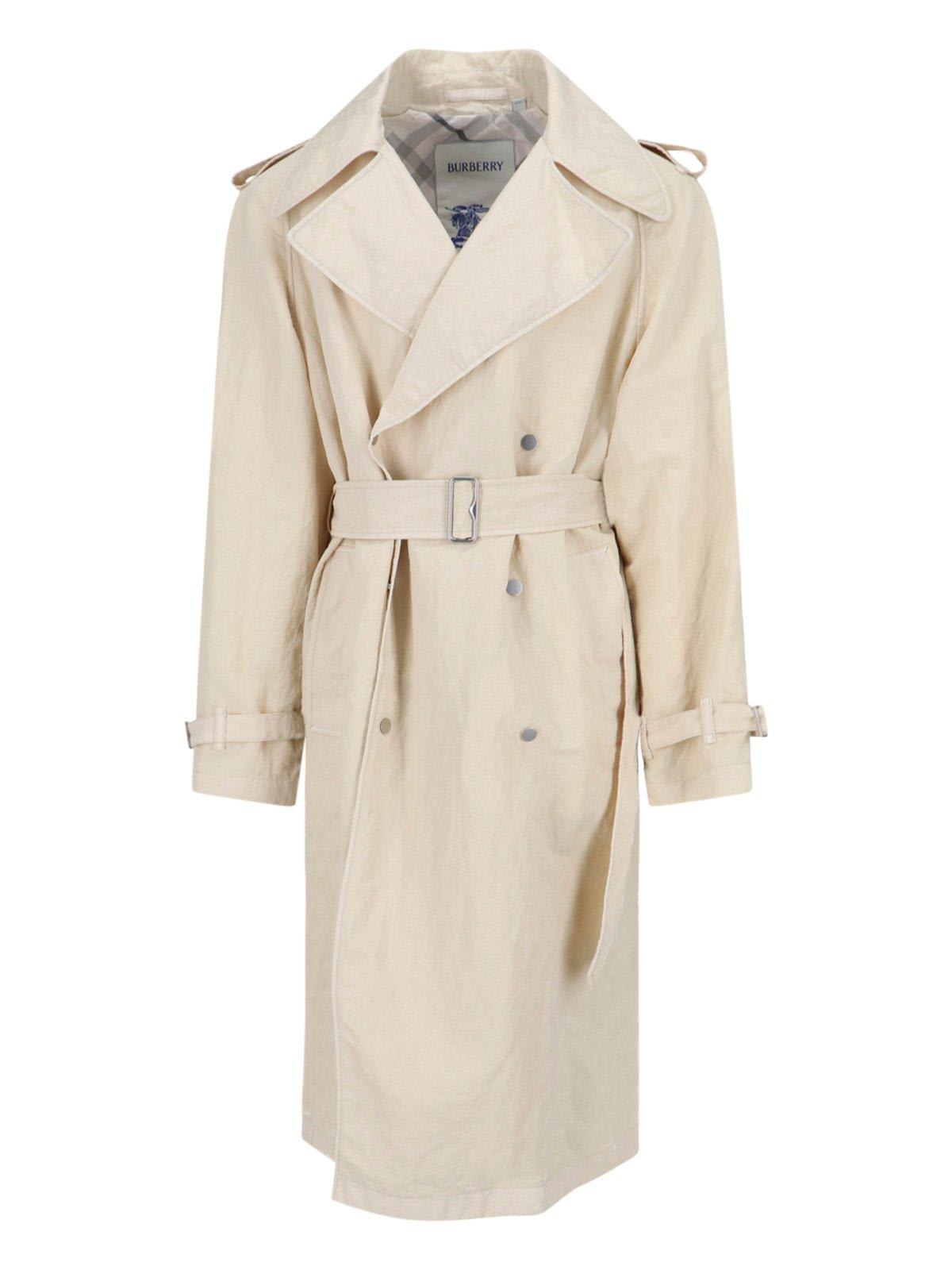 Shop Burberry Double-breasted Belted Trench Coat In Soap