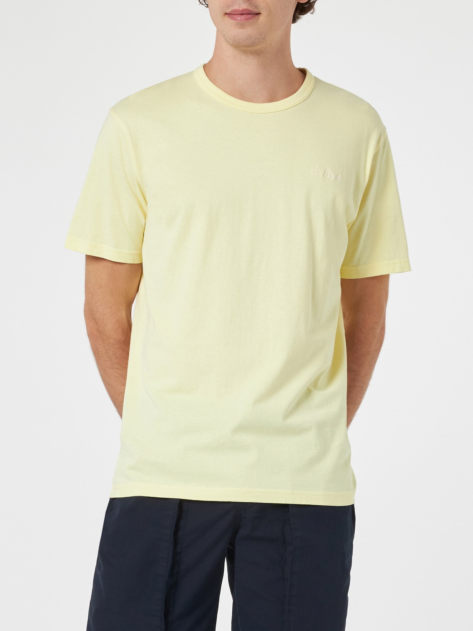 Mc2 Saint Barth Man Pale Yellow Cotton Jersey T-shirt Dover With St. Barth Embroidery In Yellow