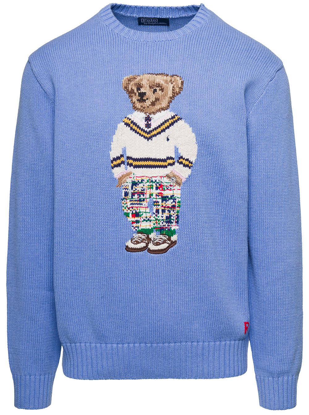 Polo Ralph Lauren Light Blue Crewneck Knit Jumper With Polo Bear Intarsia In Cotton Man