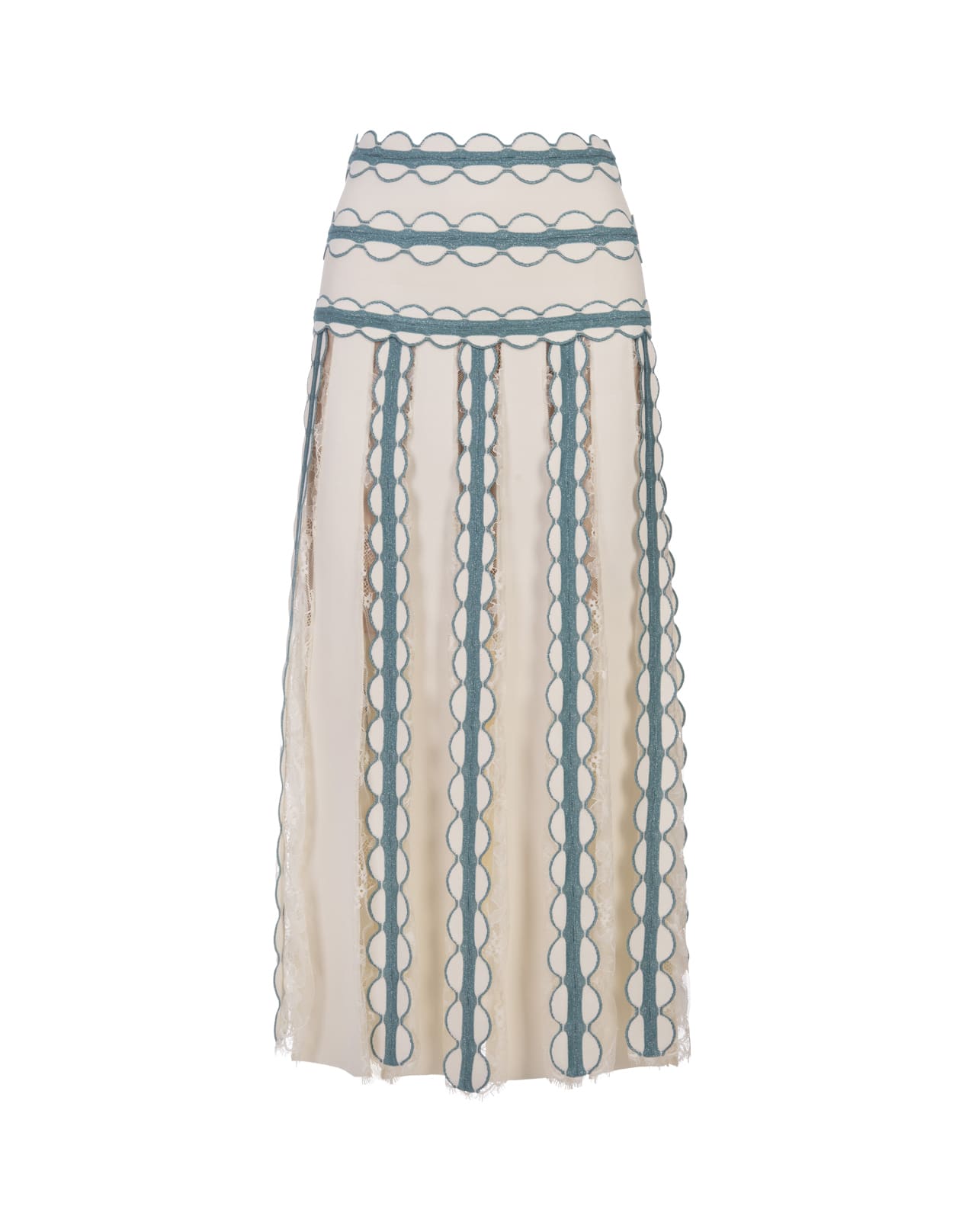 Elie Saab Knit And Lace Midi Skirt In White And Blue Gin