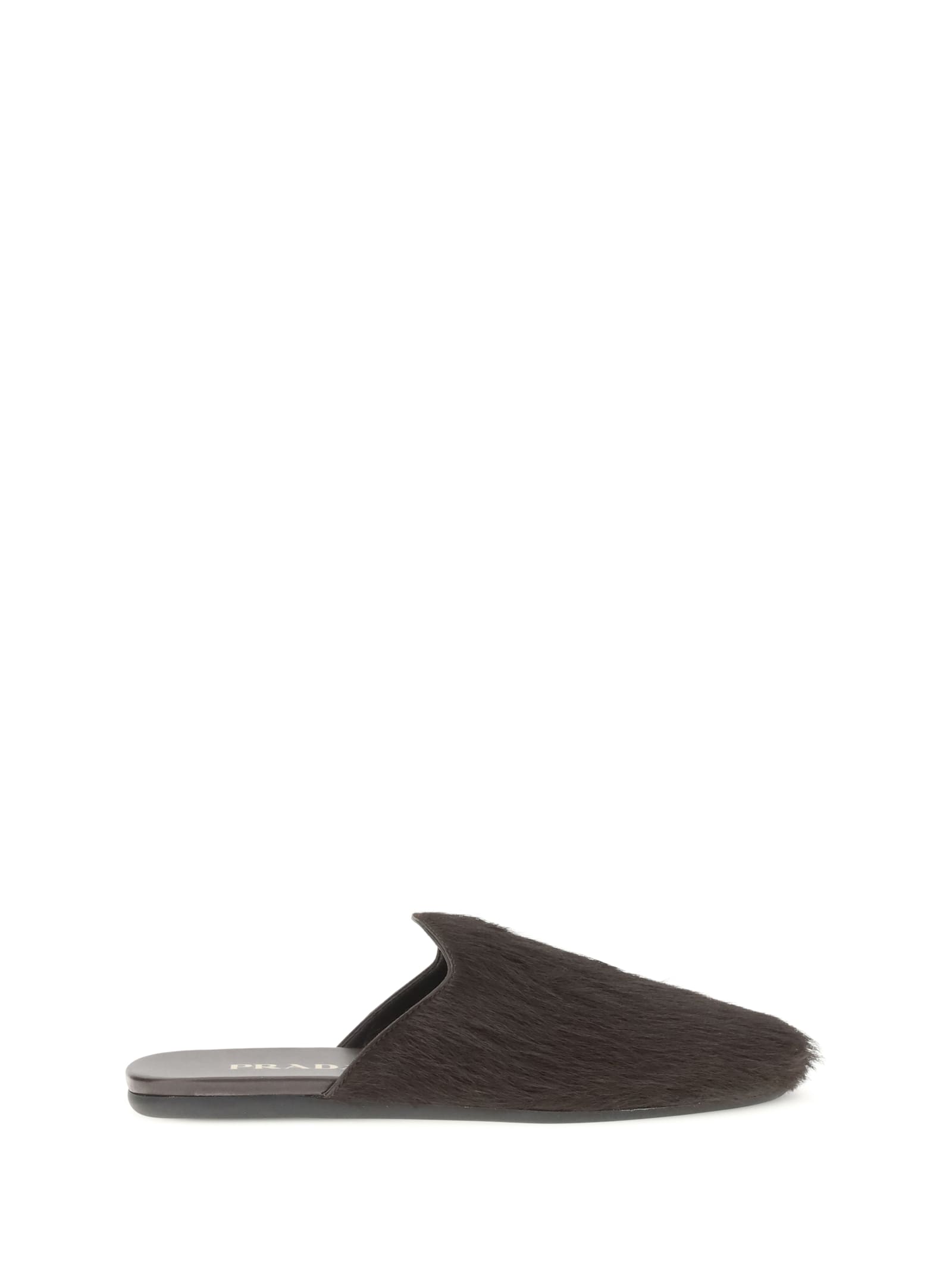 Prada Fur Leather Mules In Brown