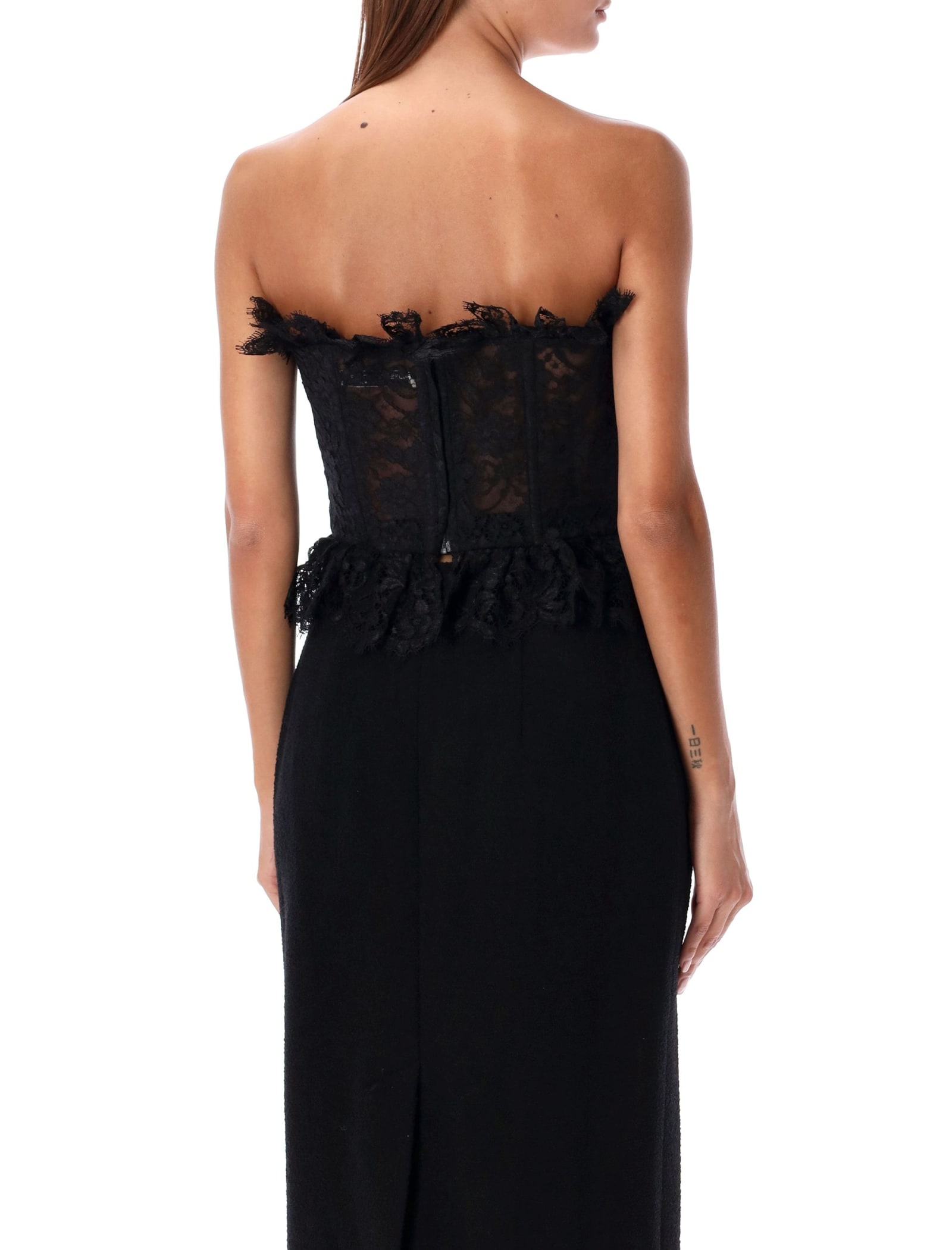 Alessandra Rich Strapless Bow-embellished Lace Bustier Top In Black