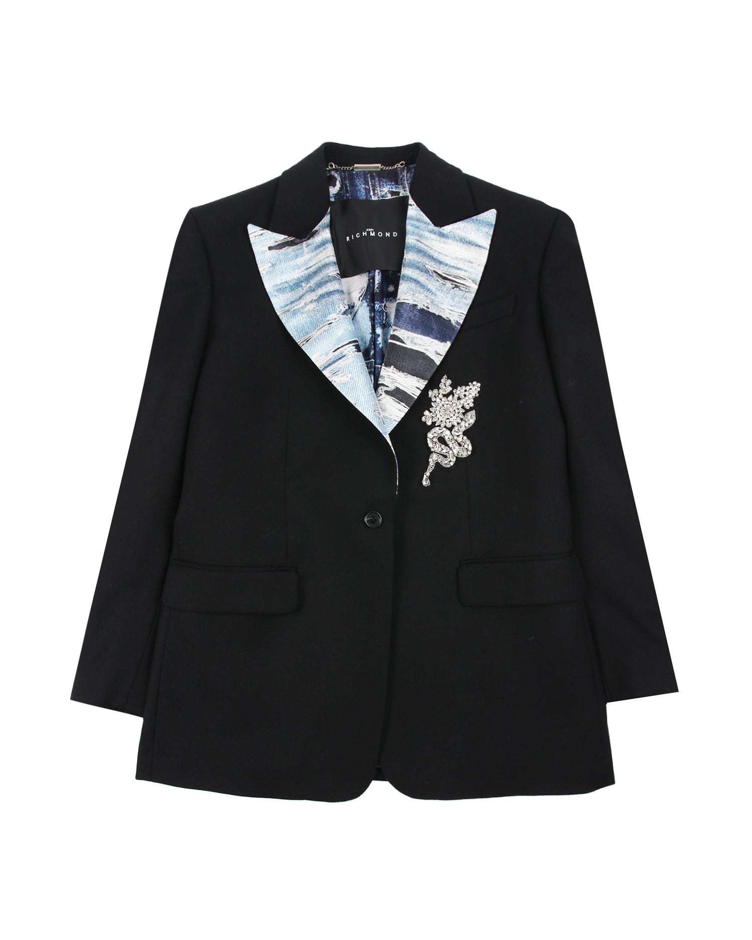 John Richmond Blazer In 100% Virgin Wool With Contrasting Collar And Decorative Application. In Nero