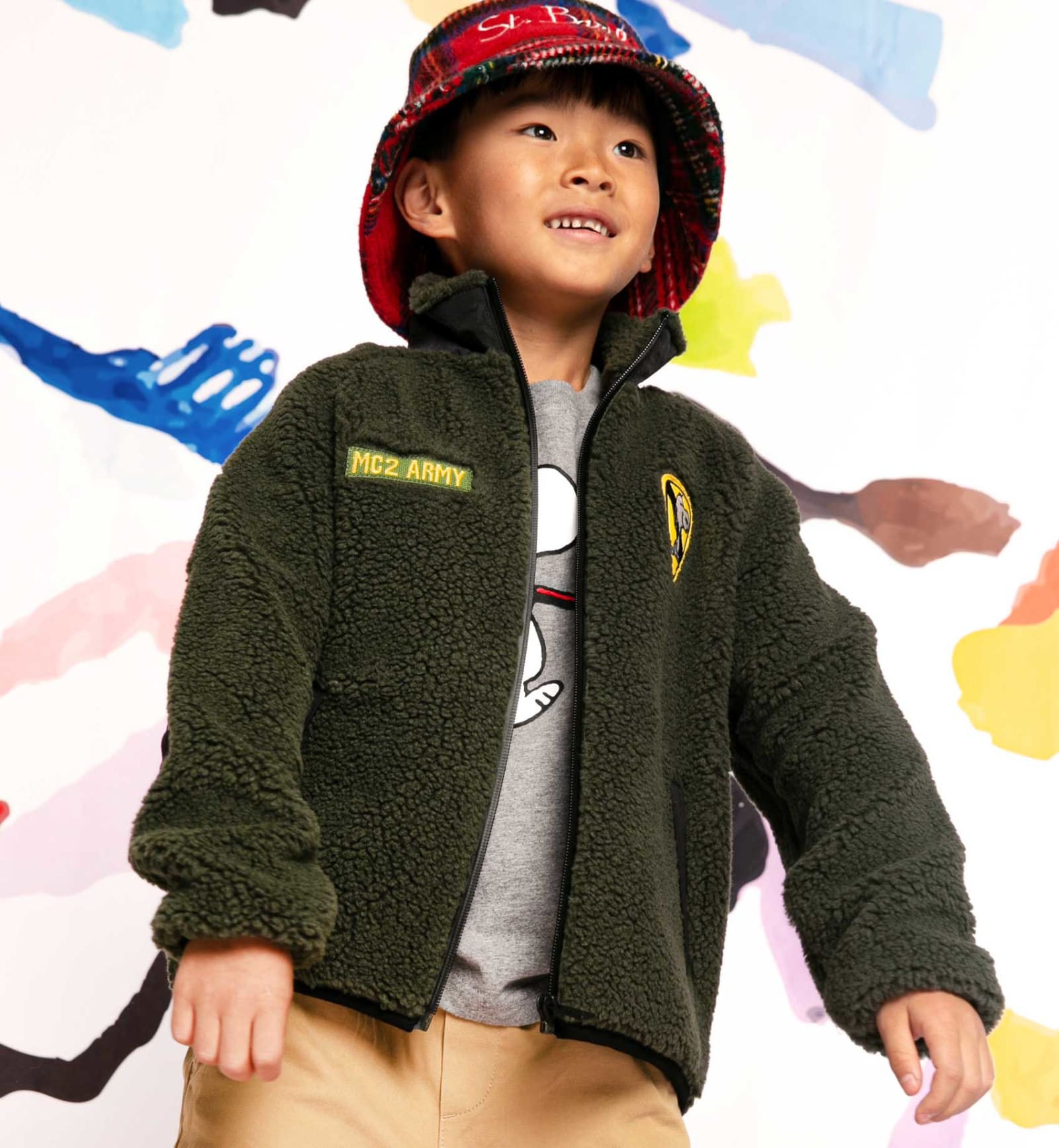 Shop Mc2 Saint Barth Kid Sherpa Jacket With Snoopy Patch Peanuts® Special Edition In Green