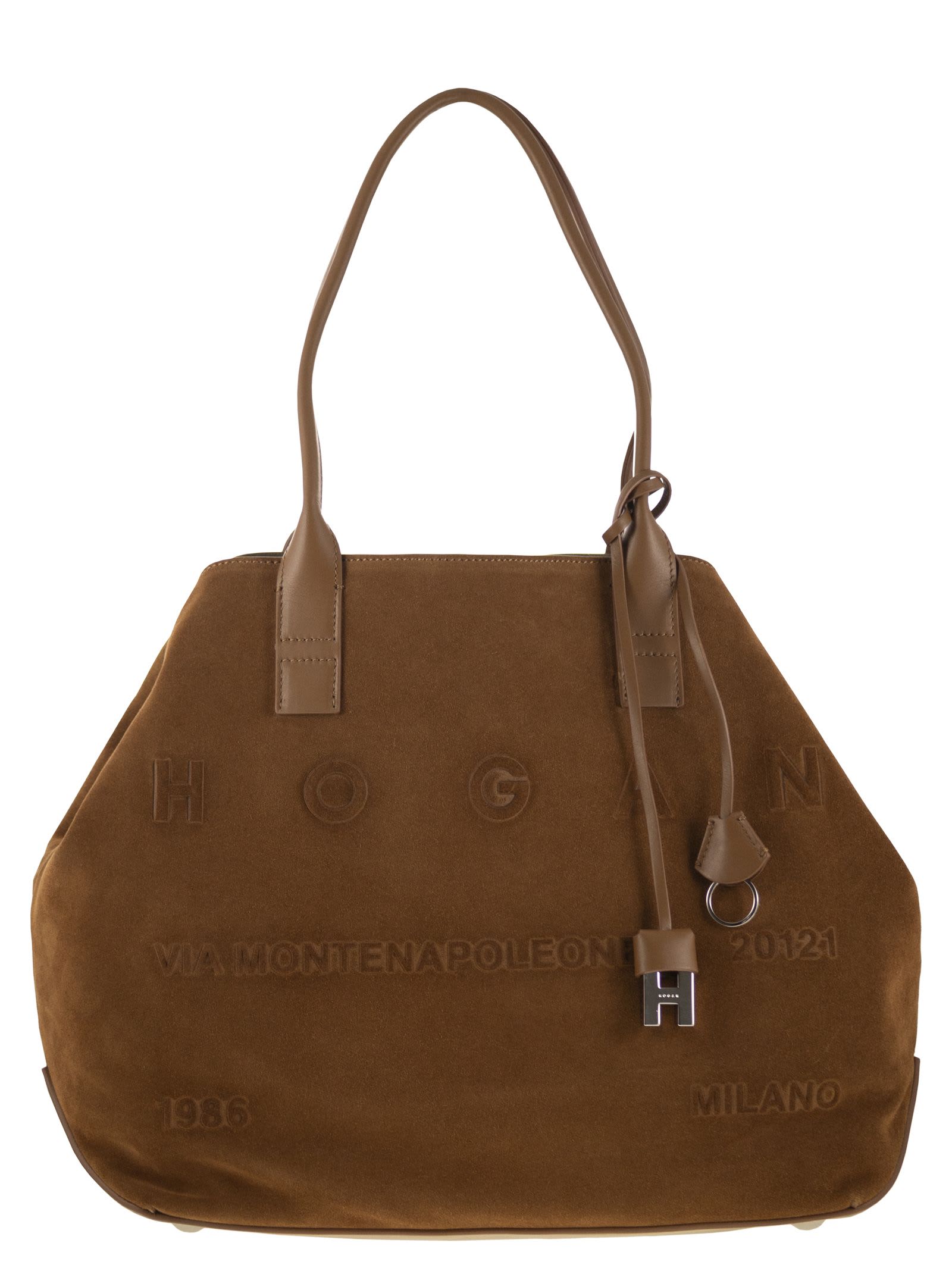Hogan Medium Script Shopping Bag In Suede In Brown