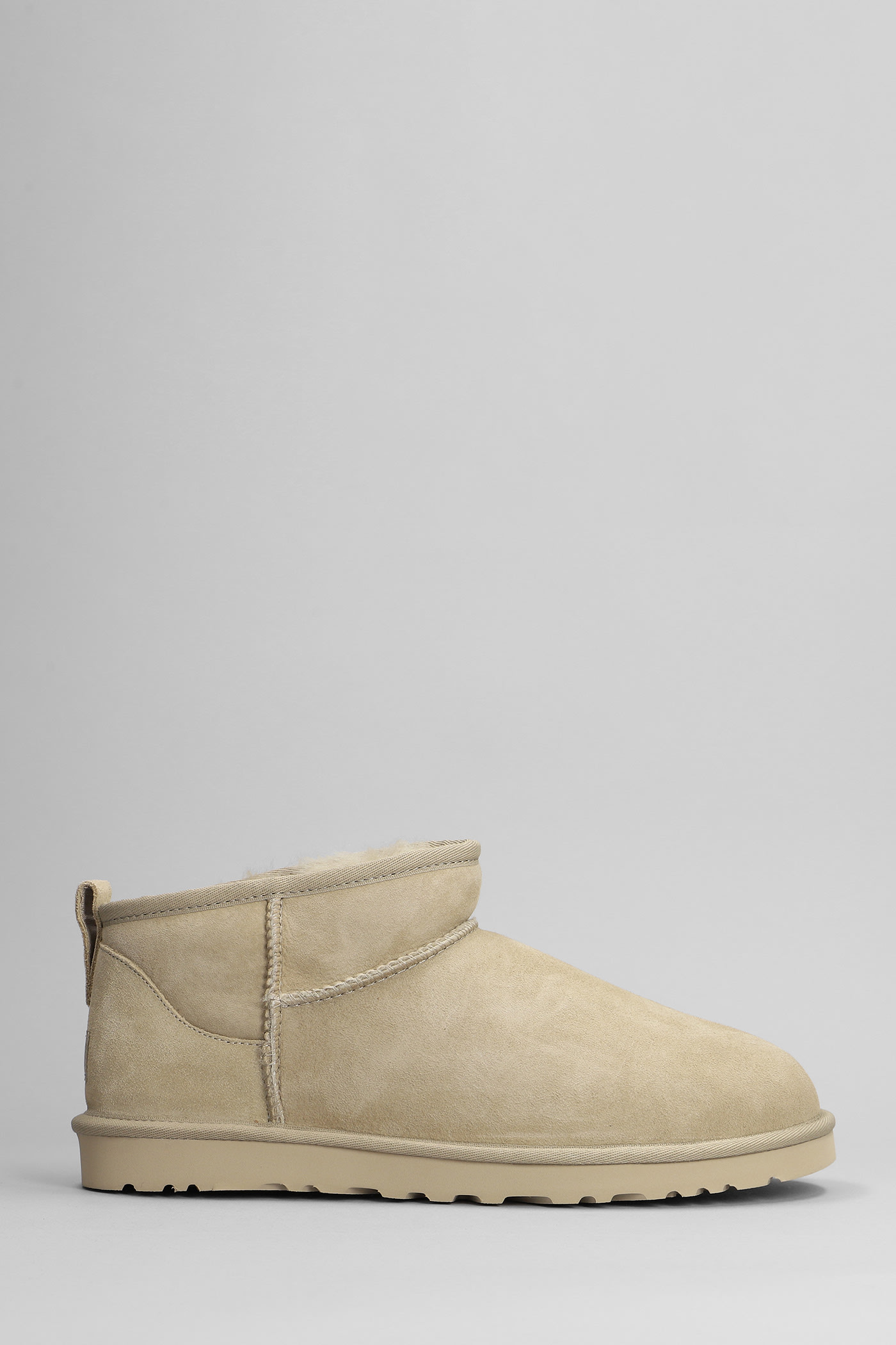 UGG CLASSIC ULTRA MINI LOW HEELS ANKLE BOOTS IN BEIGE SUEDE