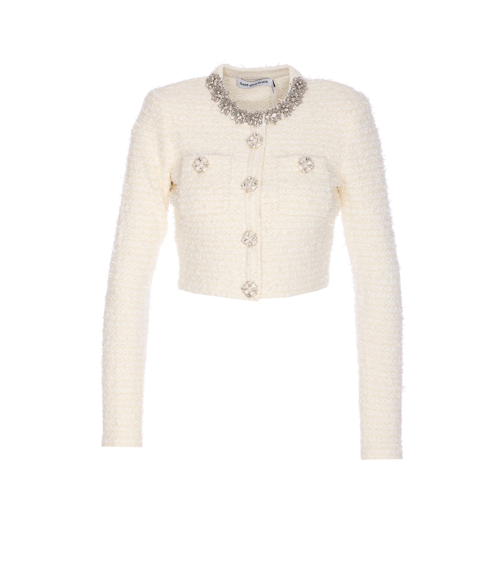 Self-portrait Cropped Sweater With Textured Boucle Knit And Crystal Embellishments In White