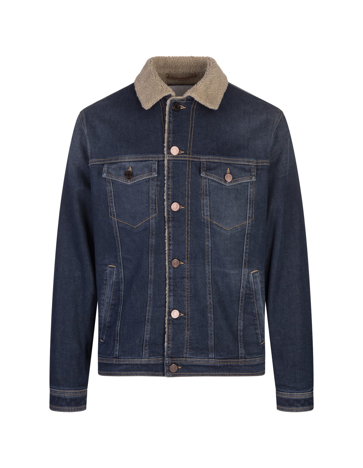 Sherpa Trucker Jacket In Mid Blue Comfort Denim