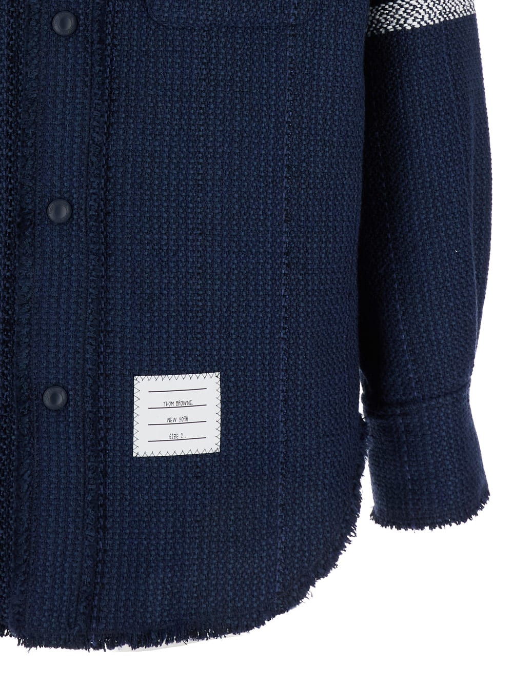 Shop Thom Browne Snap Front Shirt Jacket W/fray Edge In Woven 4 Bar Solid Cotton Tweed In Blu