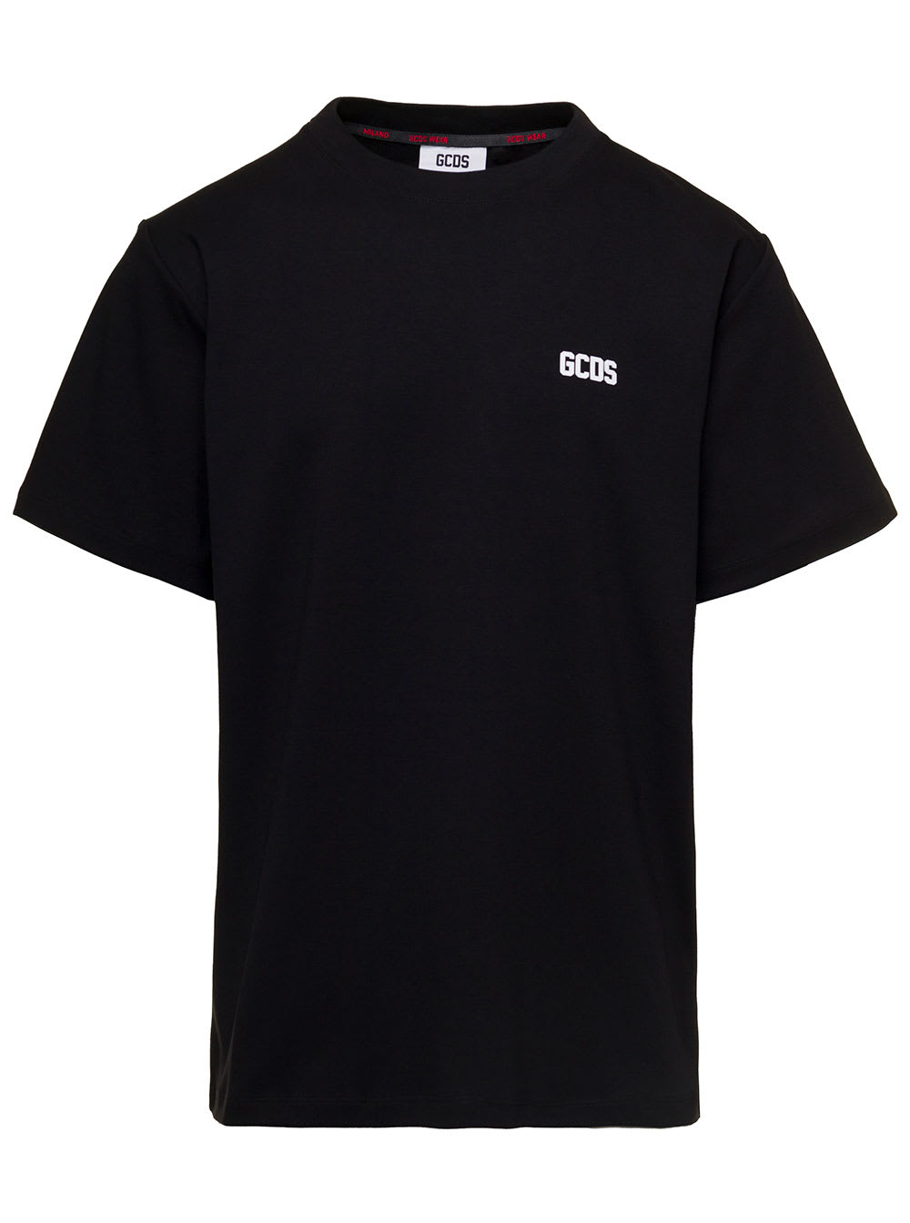 GCDS BLACK CREWNECK WITH CONTRASTING LOGO PRINT IN COTTON MAN