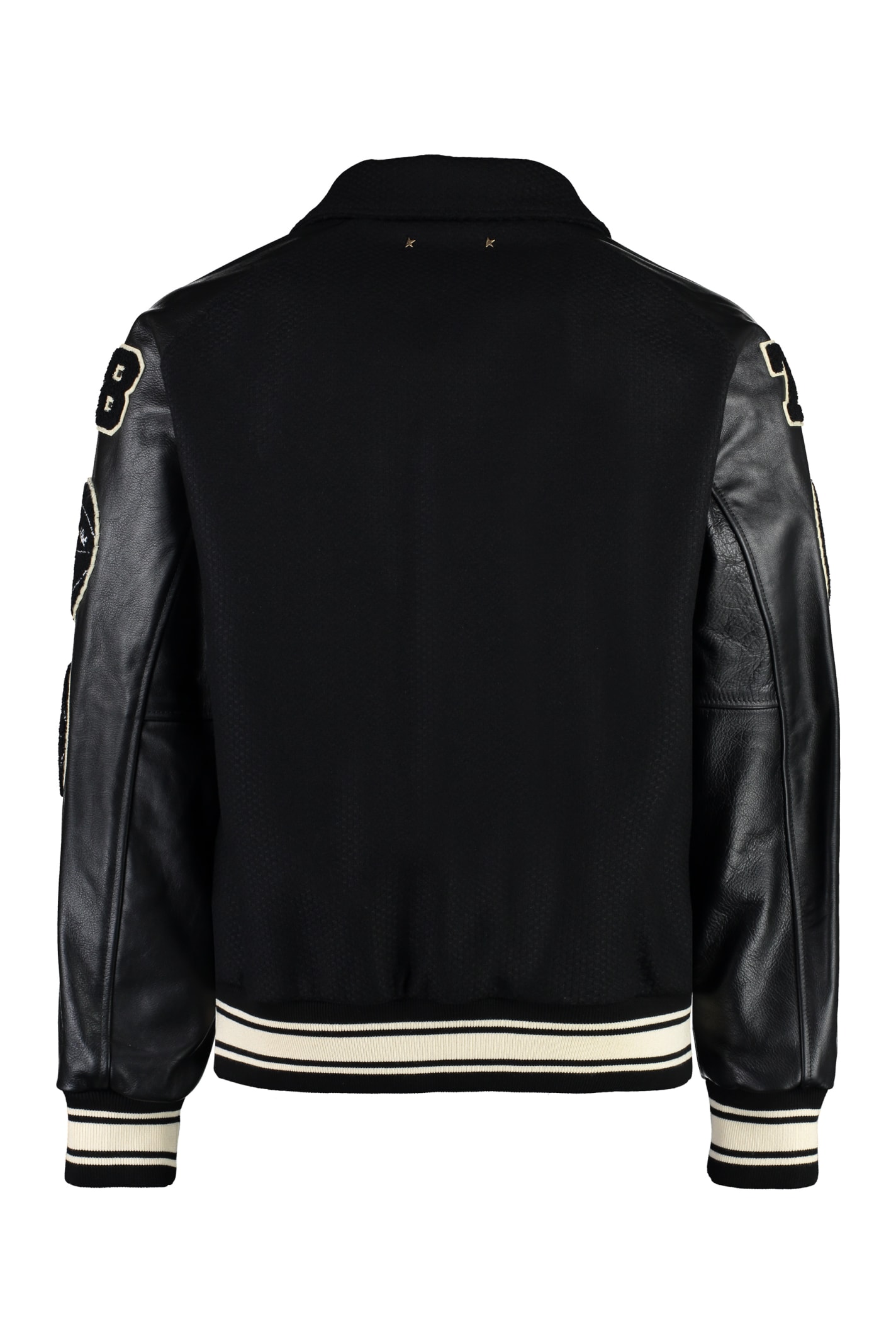 Golden Goose Black Bomber Jacket With Leather Inserts And Logo Patch In Wool Man In Black