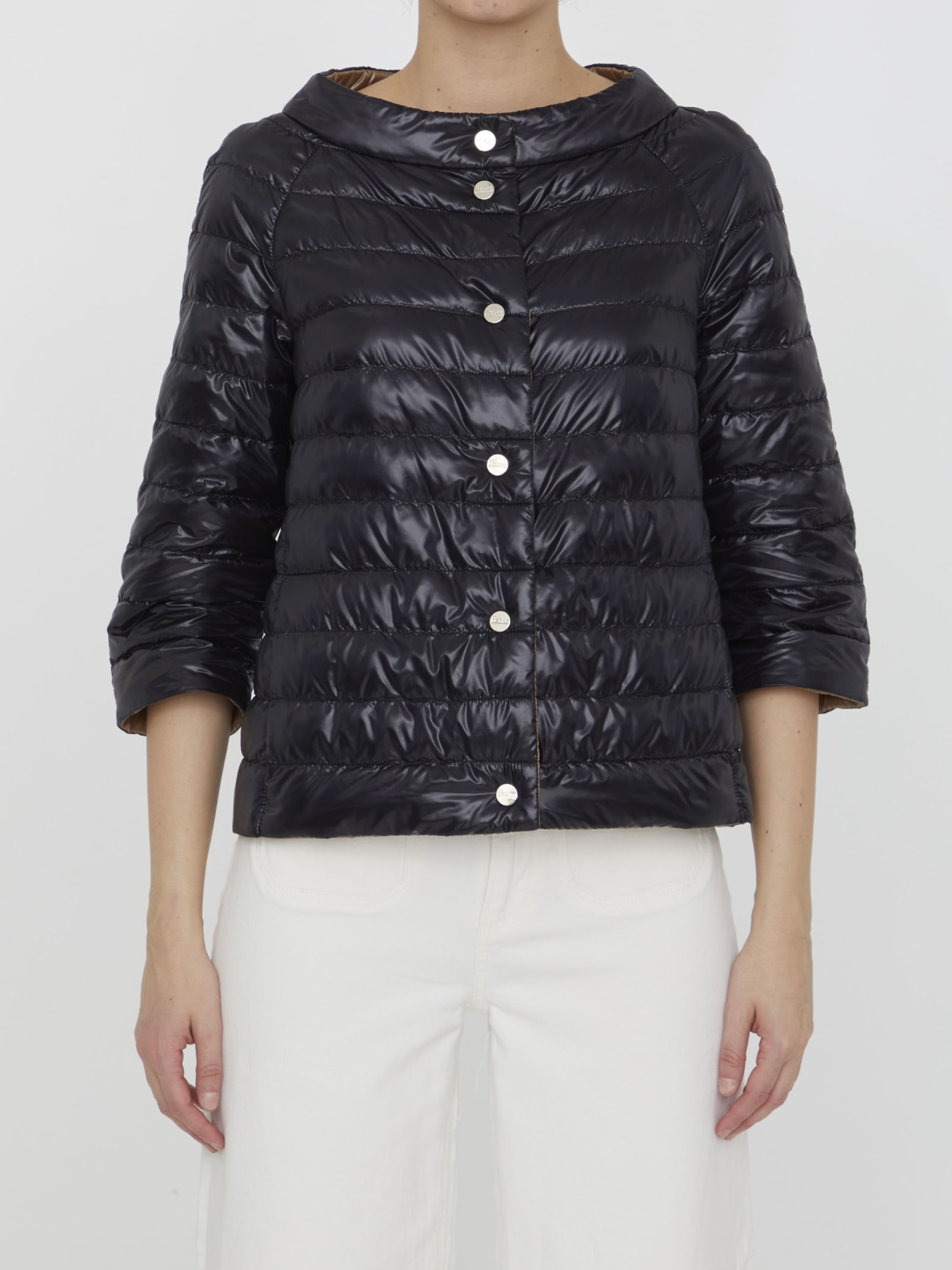 Herno Nylon Reversible Down Cape Coat In Black/camel