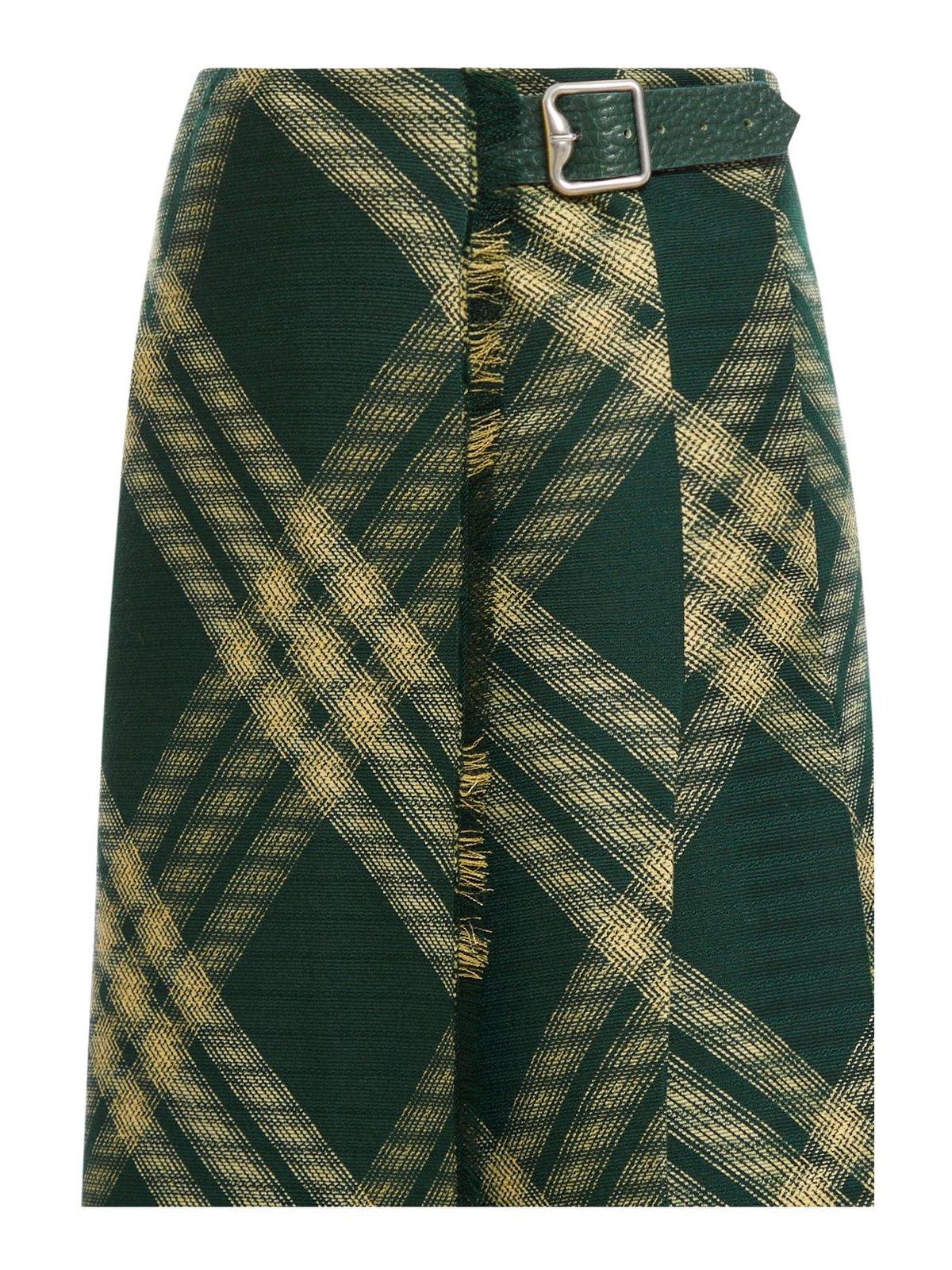 Shop Burberry Check Printed Frayed-edge Midi Skirt In Green