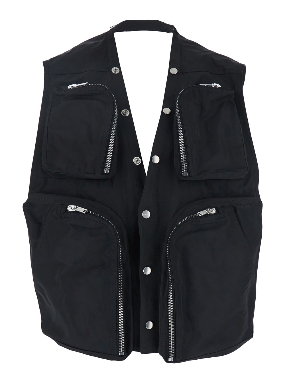 Black Vest With V-neck And Cargo Pockets In Cotton Man