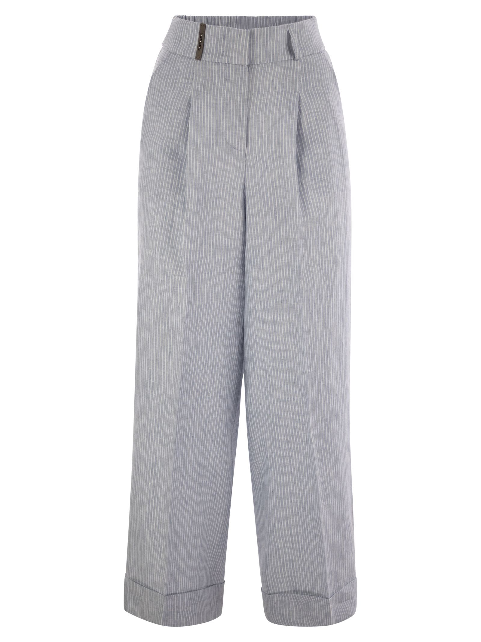 Peserico Linen Trousers With Striped Pattern In Gray