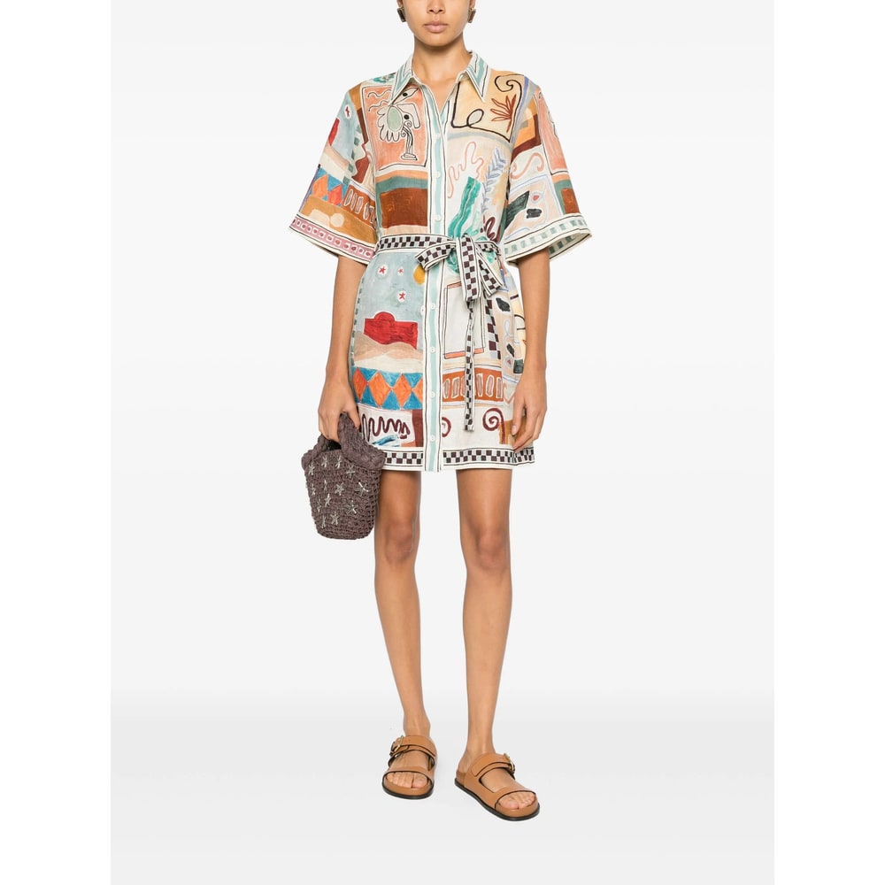 Alemais Michelle Printed Belted Linen Mini Shirt Dress In Multi