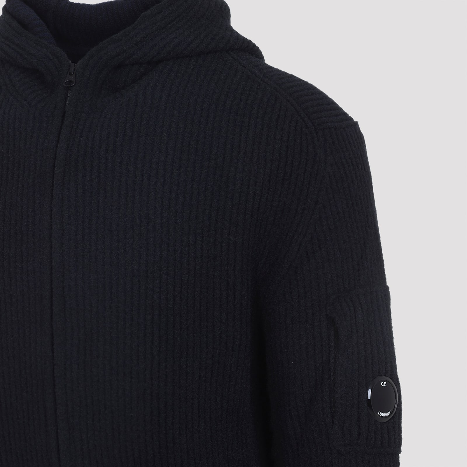C.p. Company Signature Lens Ribbed Knit Cardigan With Hood In Black