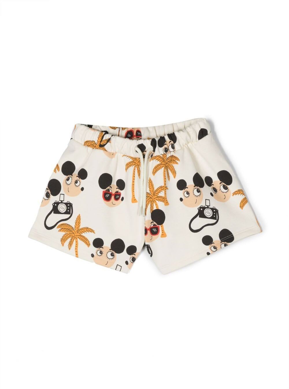 Shop Mini Rodini White Drawstring Shorts With All-over Mice And Palms Print In Cotton Girl