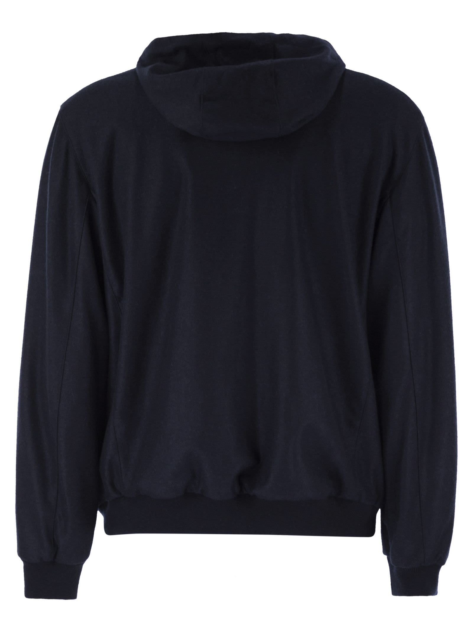 Fedeli Reversible Bomber Jacket With Hood In Cashmere Flannel And Airstop In Blue
