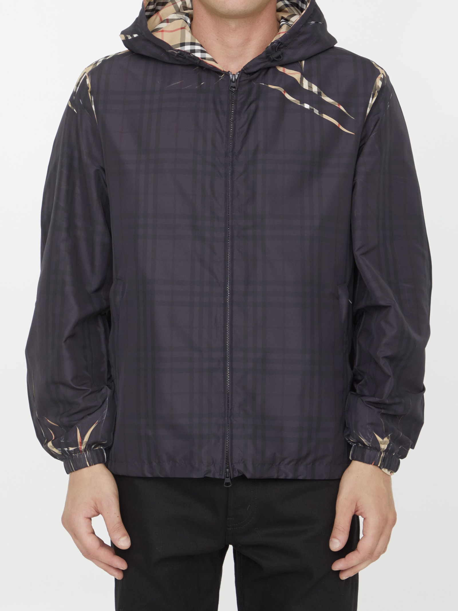 Burberry Zip-front Sliced Check Windbreaker Jacket In Black