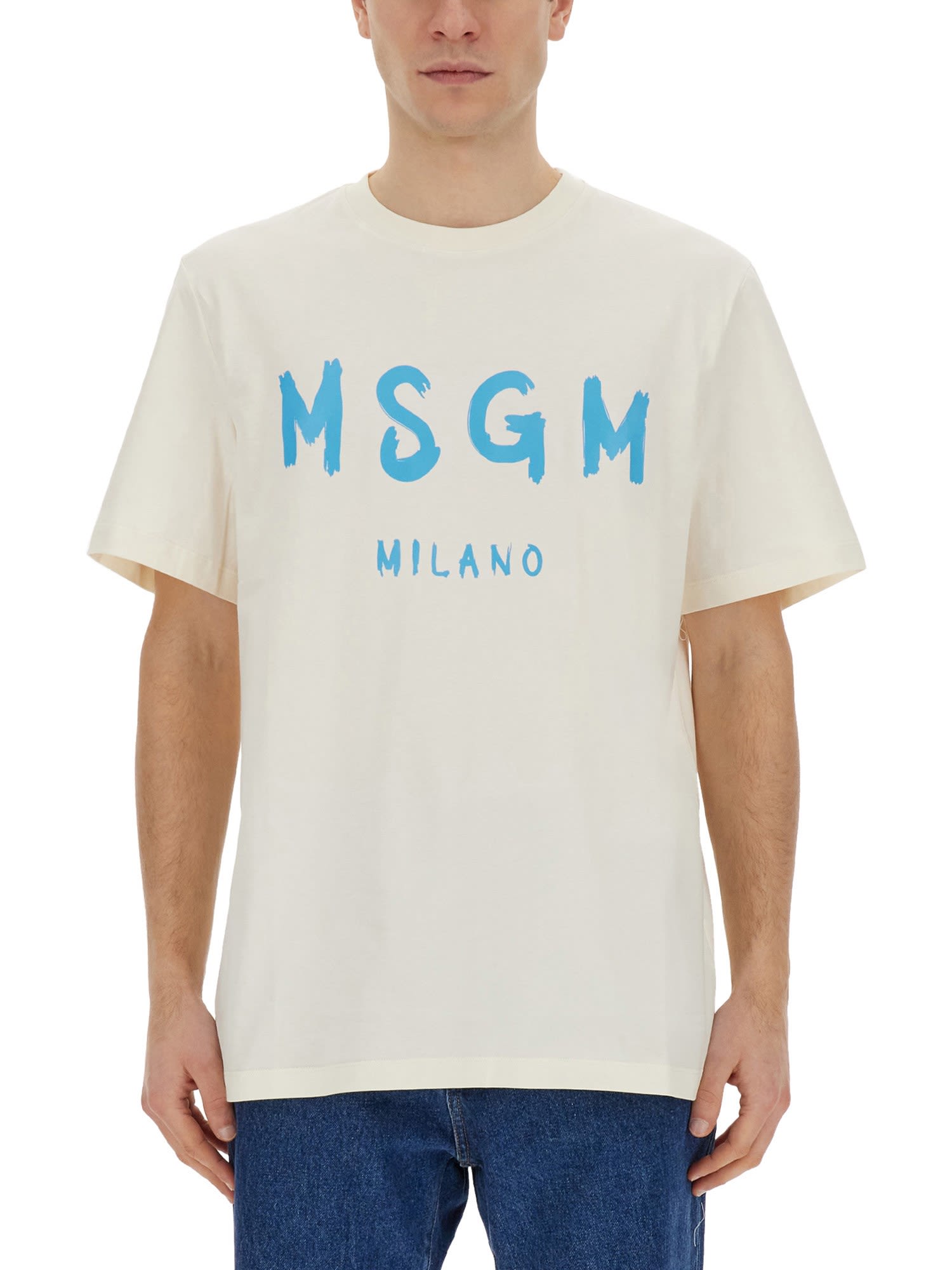 Shop Msgm T-shirt With Brushed Logo In Ivory