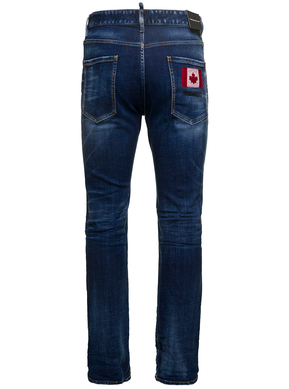 Shop Dsquared2 Blue Straight Jeans With Logo Patch And Faded Effect In Stretch Cotton Denim Man