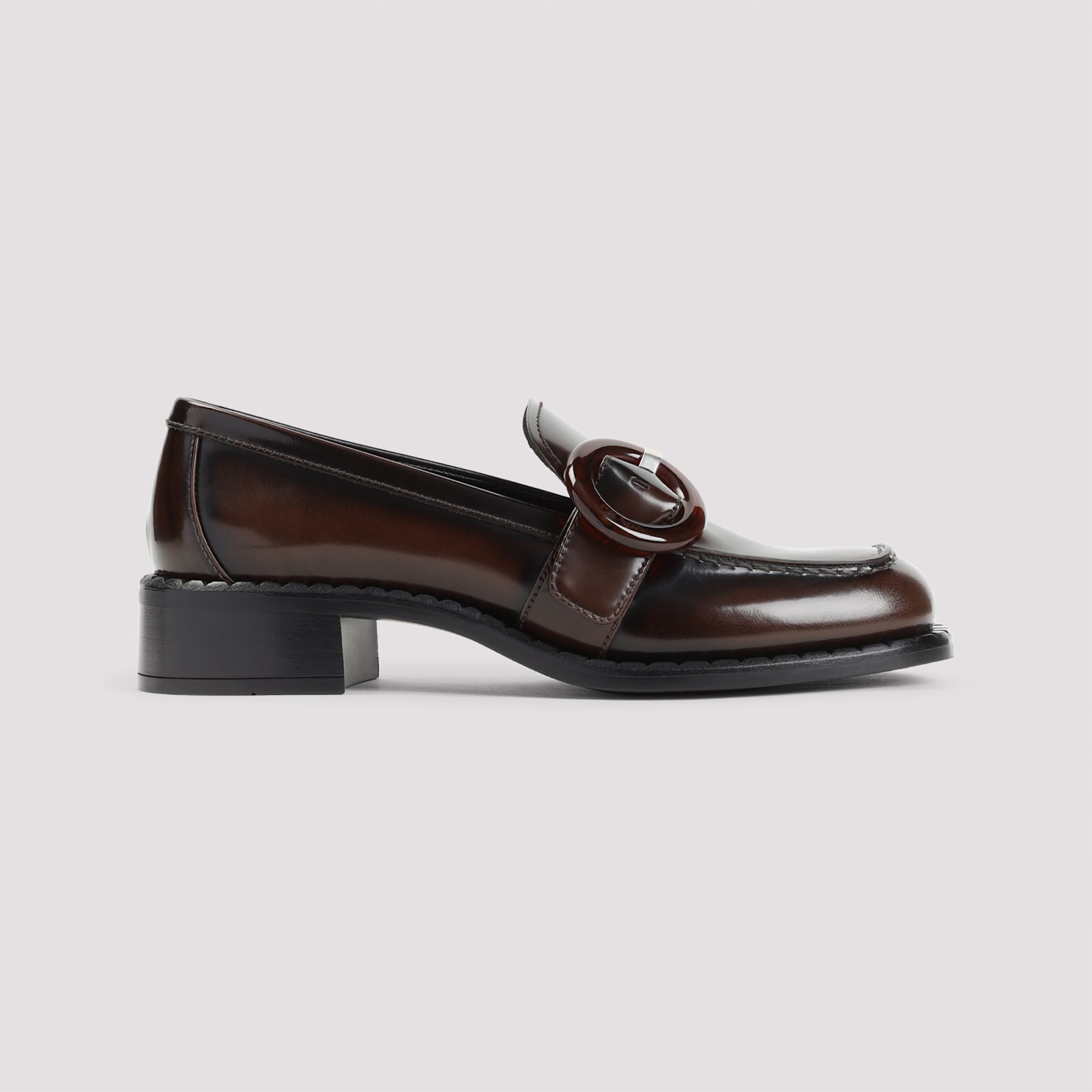 Prada Polished Brown Flat Shoes With Decorative Buckle