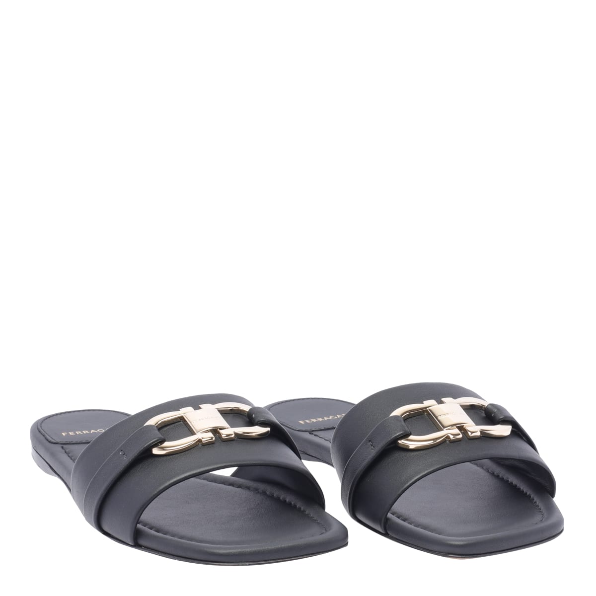 Ferragamo Leather Slides With Flat Sole And Gold-tone Hardware In Black