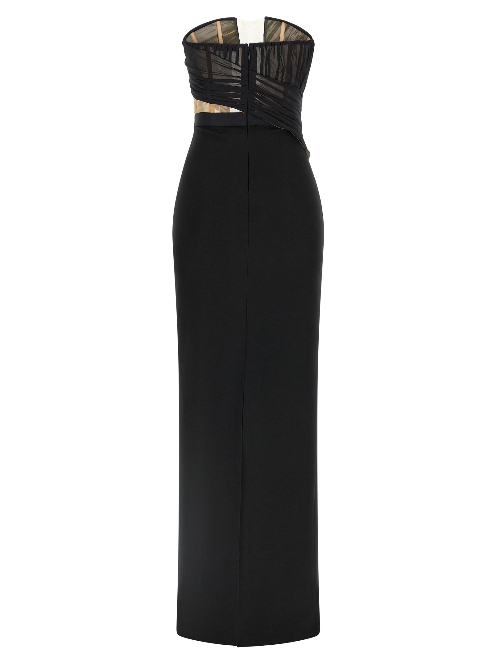 Nensi Dojaka Draped Maxi Dress With Corset And Sheer Panels In Black