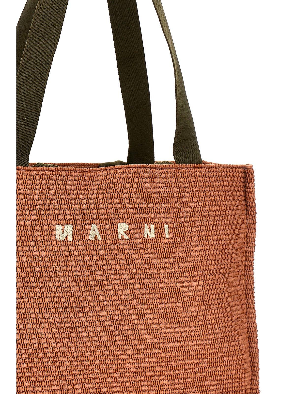 Shop Marni Logo Embroidered Woven Tote Bag In Brown